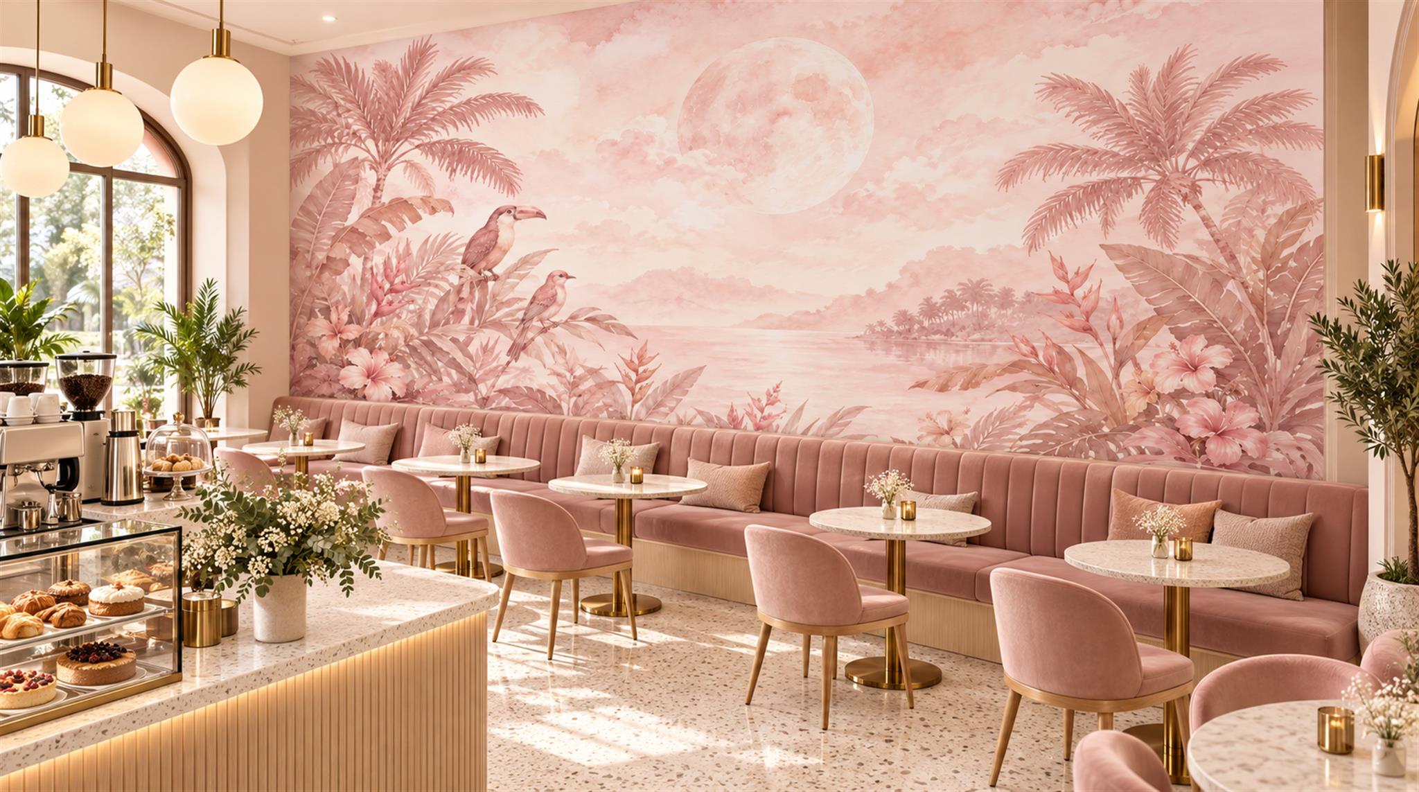 Pink Palm Leaves Wallpaper Mural Scene