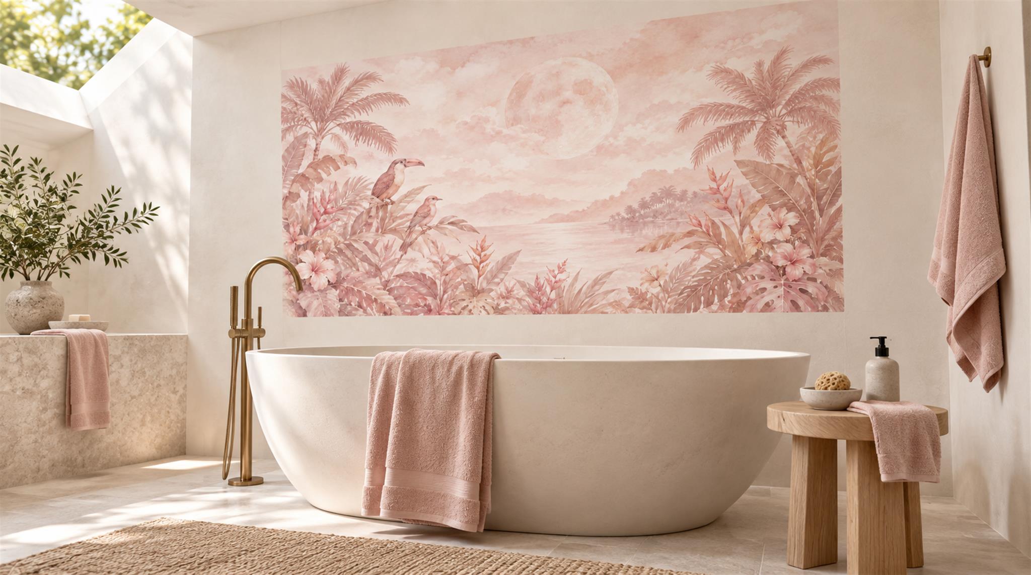 Pink Palm Leaves Wallpaper Mural Scene