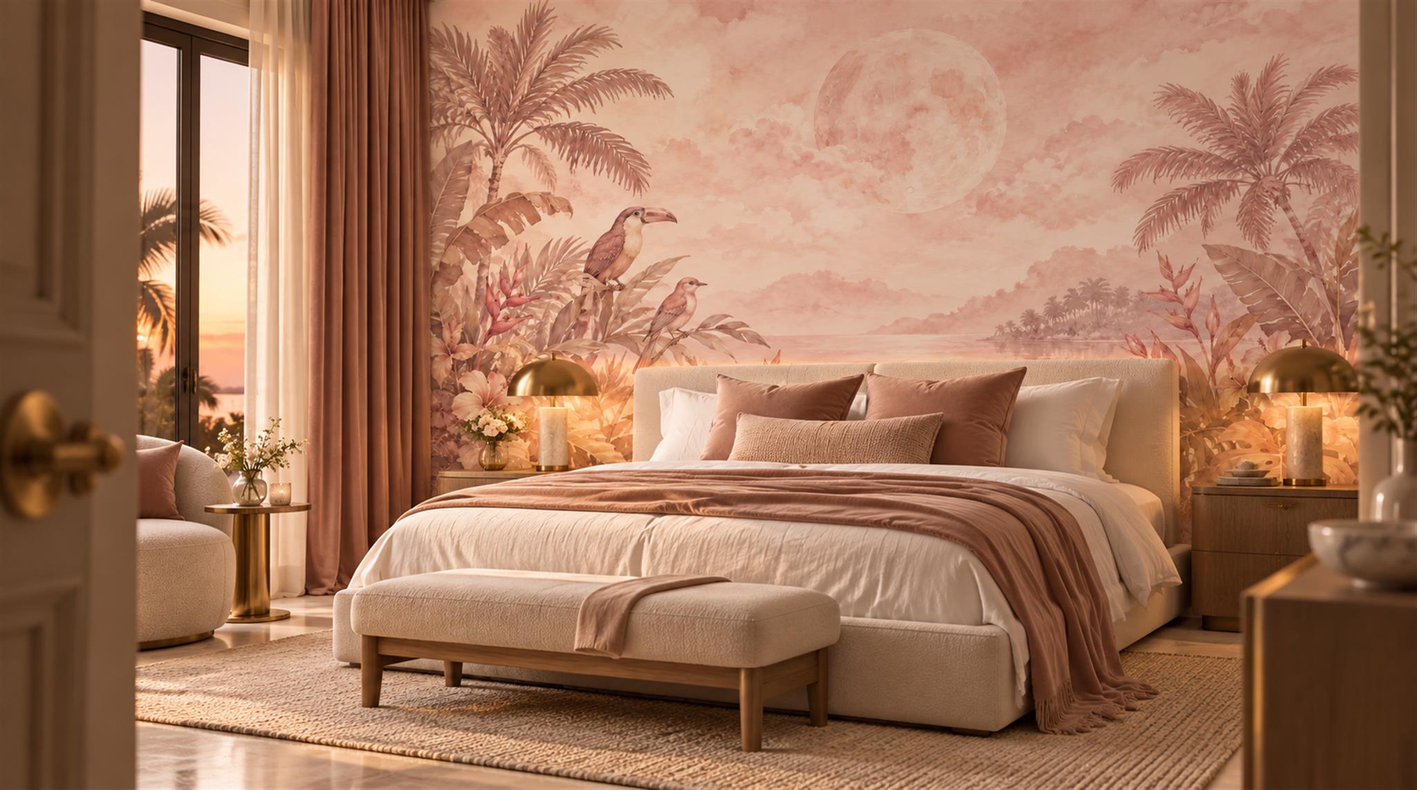Pink Palm Leaves Wallpaper Mural Scene