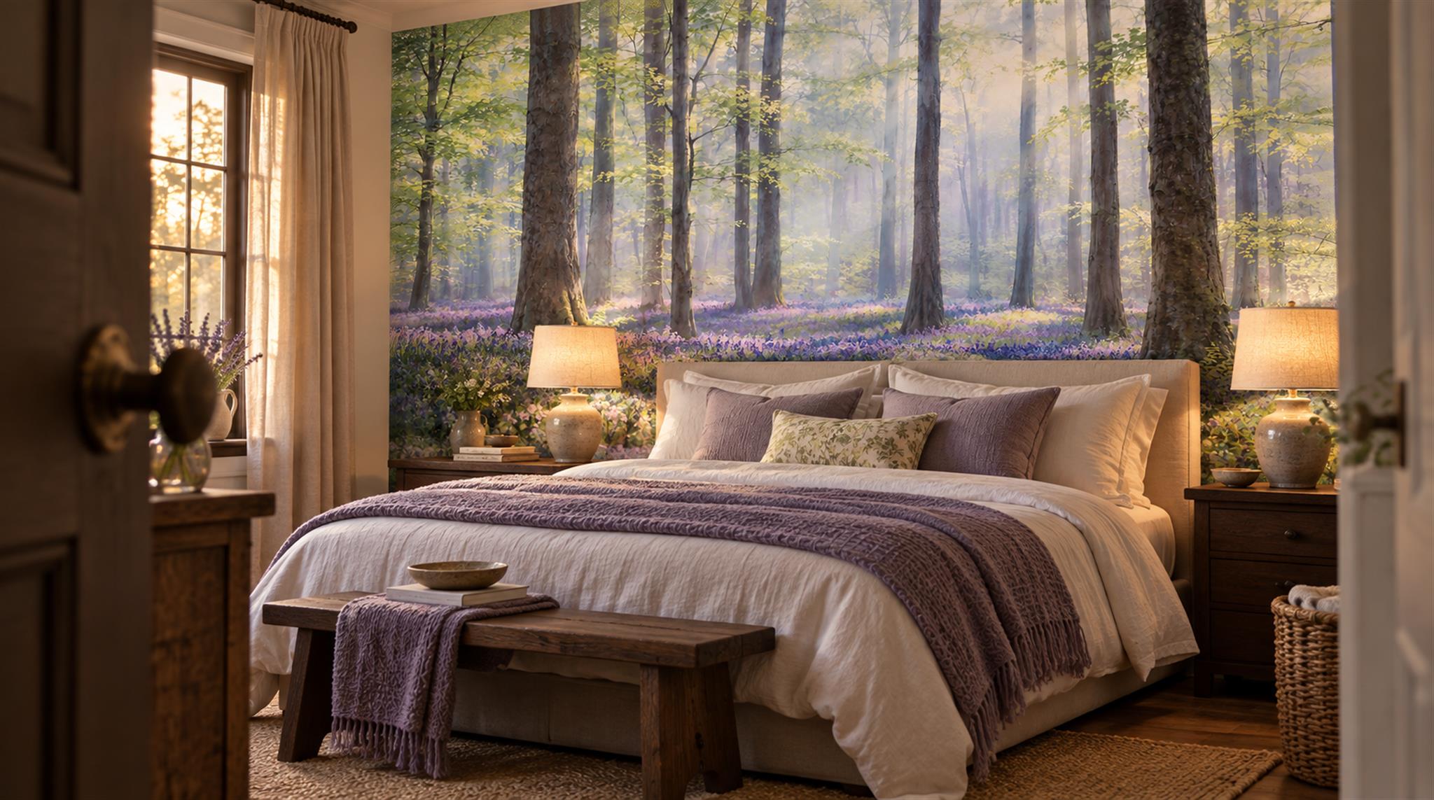Blue Woodland Trees Wallpaper Mural Scene