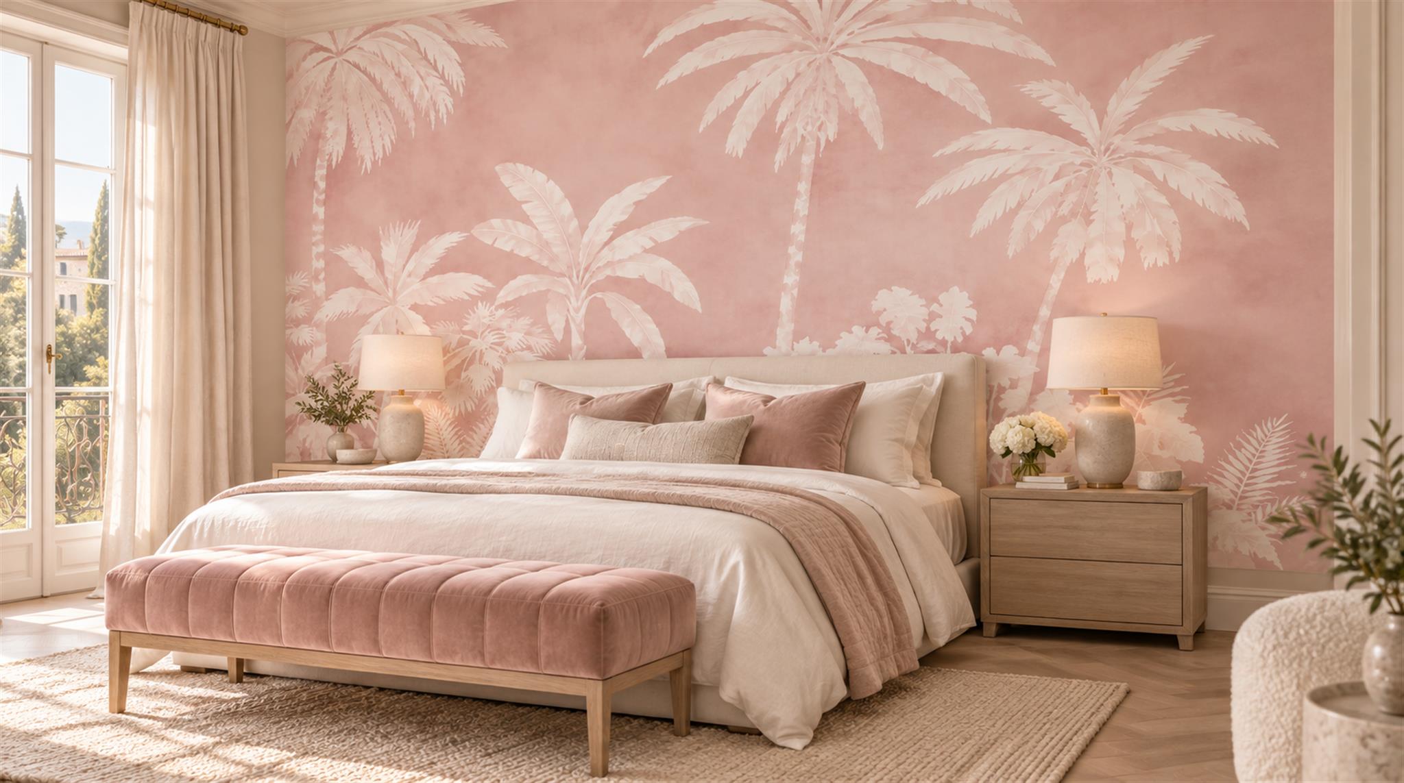 Pink Palm Leaves Wallpaper Mural Main
