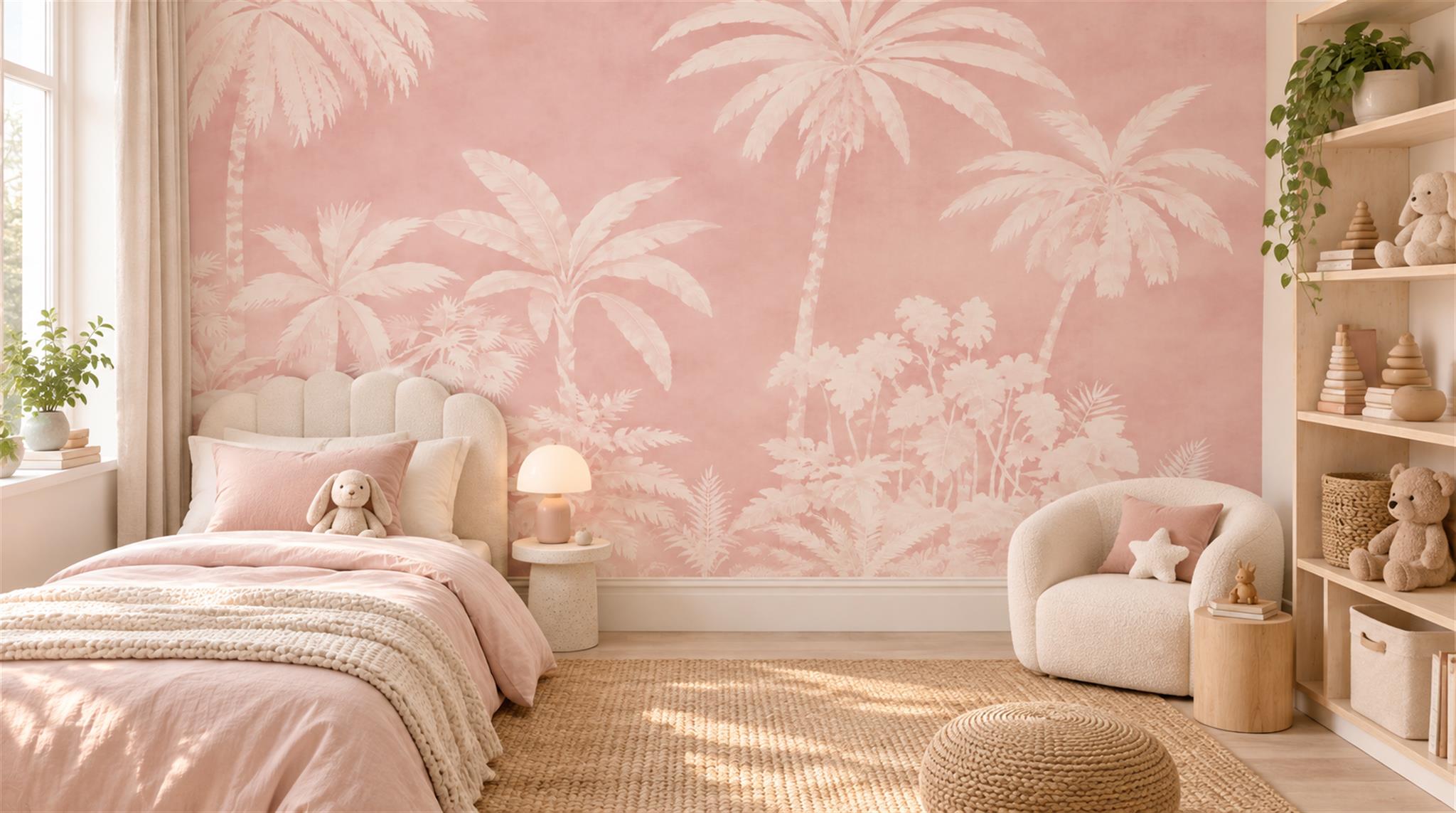 Pink Palm Leaves Wallpaper Mural Scene