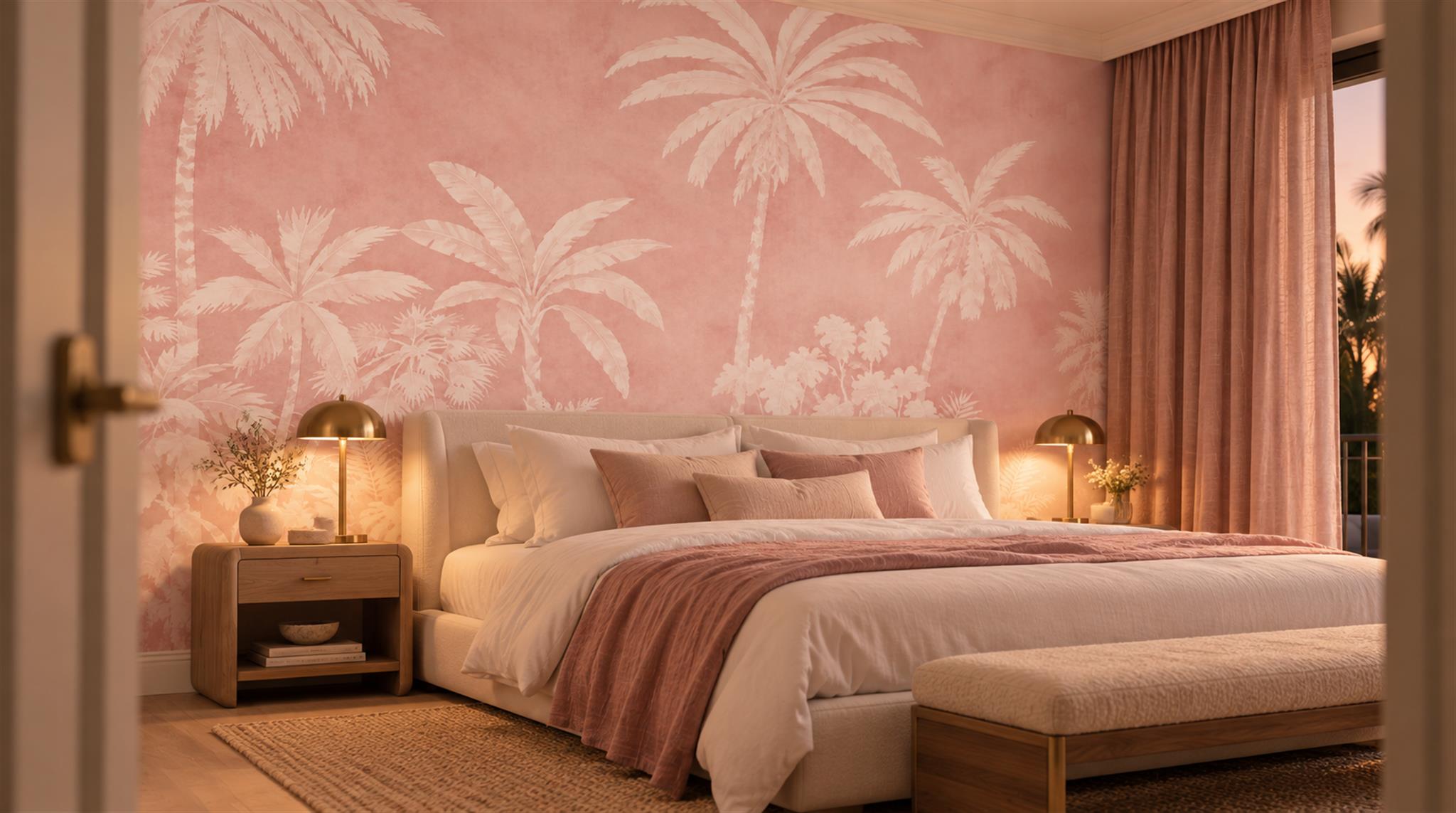 Pink Palm Leaves Wallpaper Mural Scene