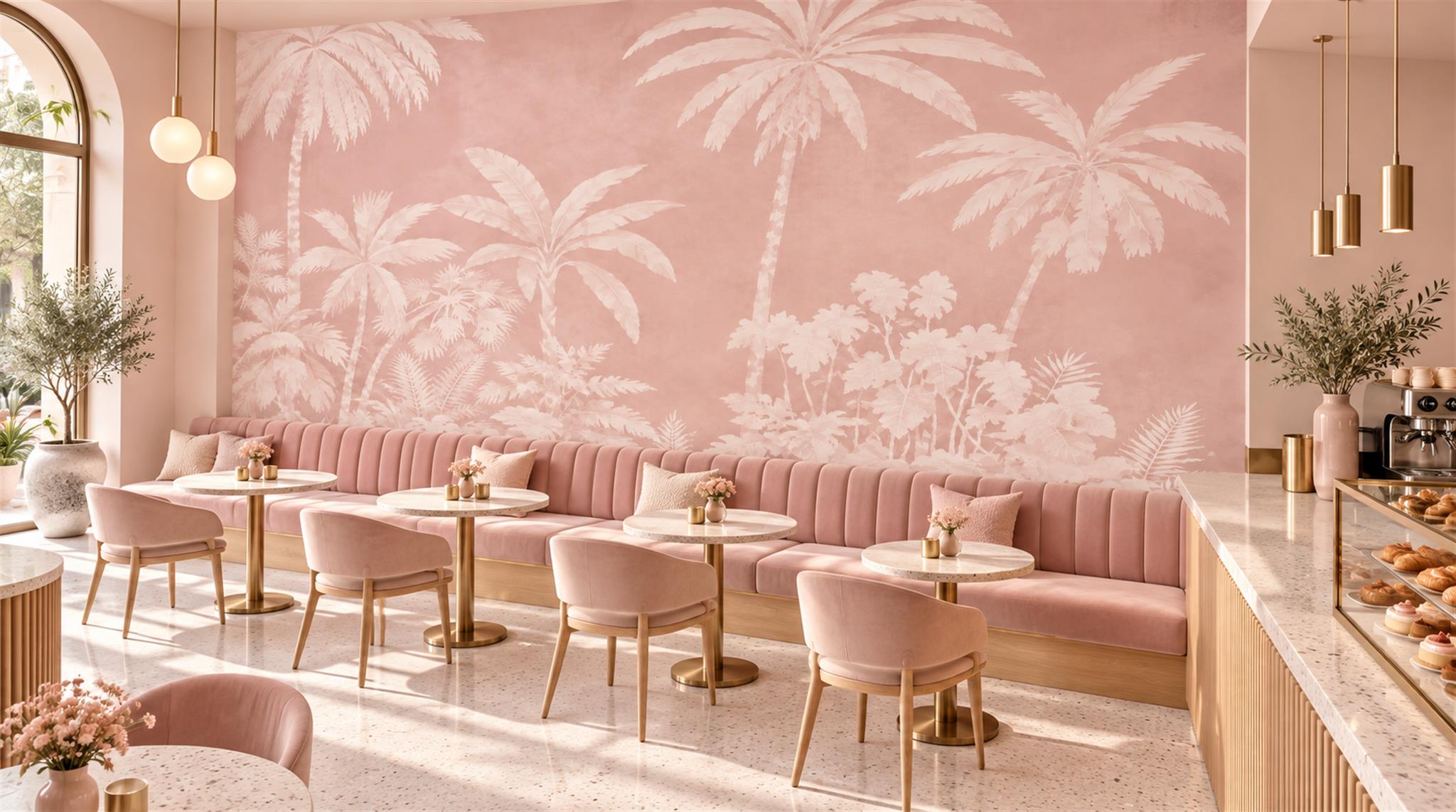 Pink Palm Leaves Wallpaper Mural Scene