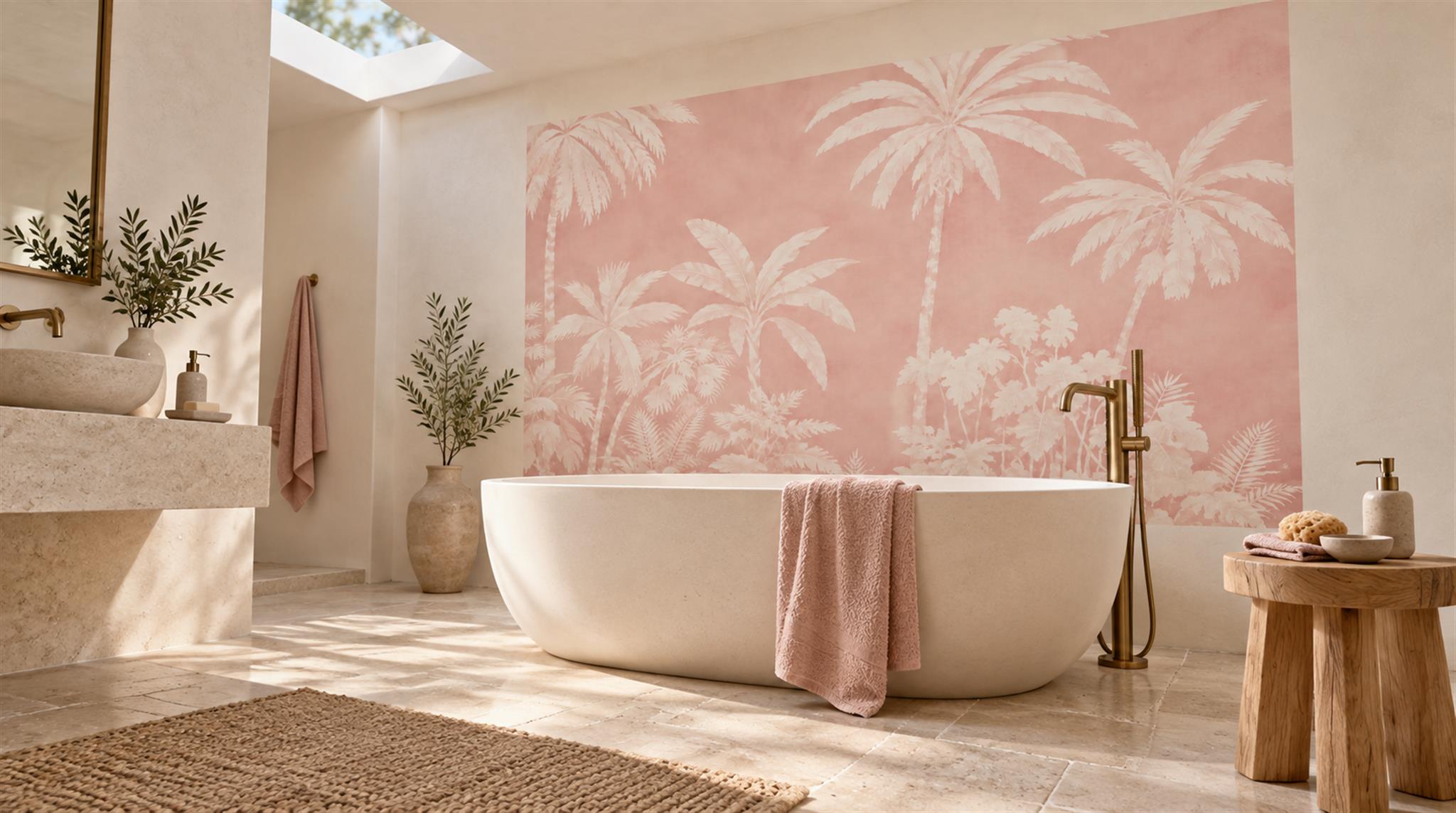 Pink Palm Leaves Wallpaper Mural Scene