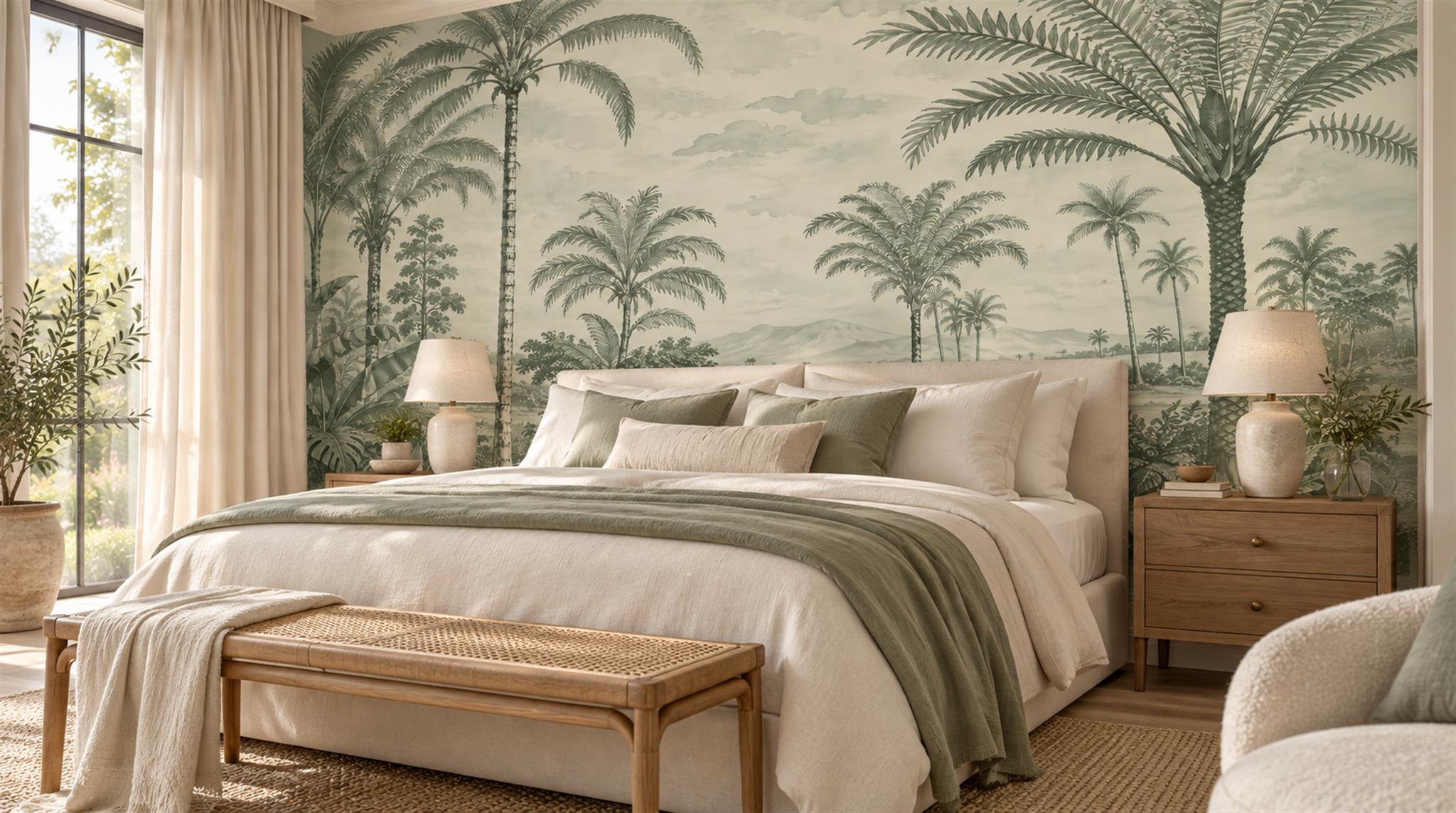 Sage Green Palm Leaves Wallpaper Mural Scene