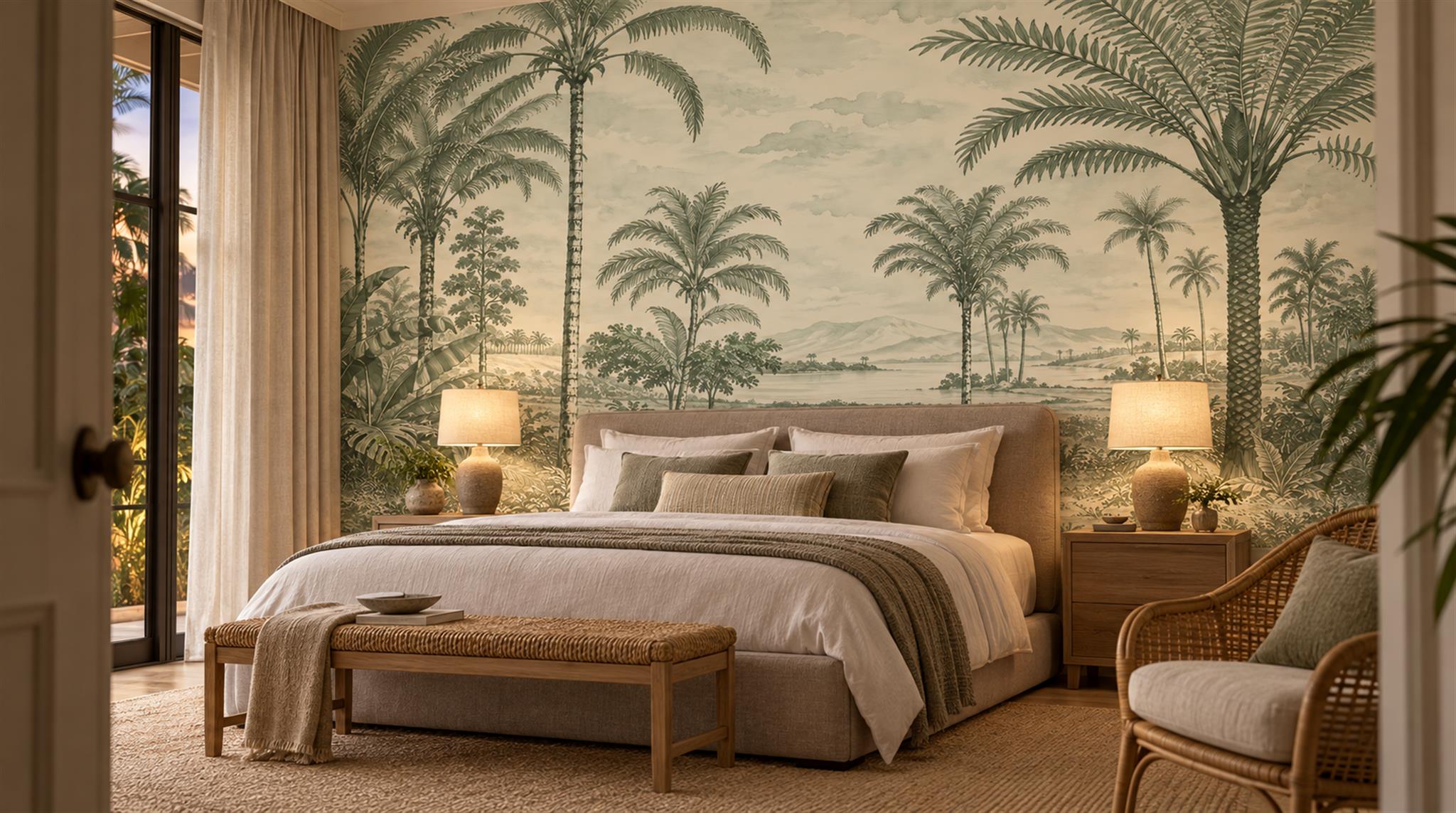 Sage Green Palm Leaves Wallpaper Mural Scene