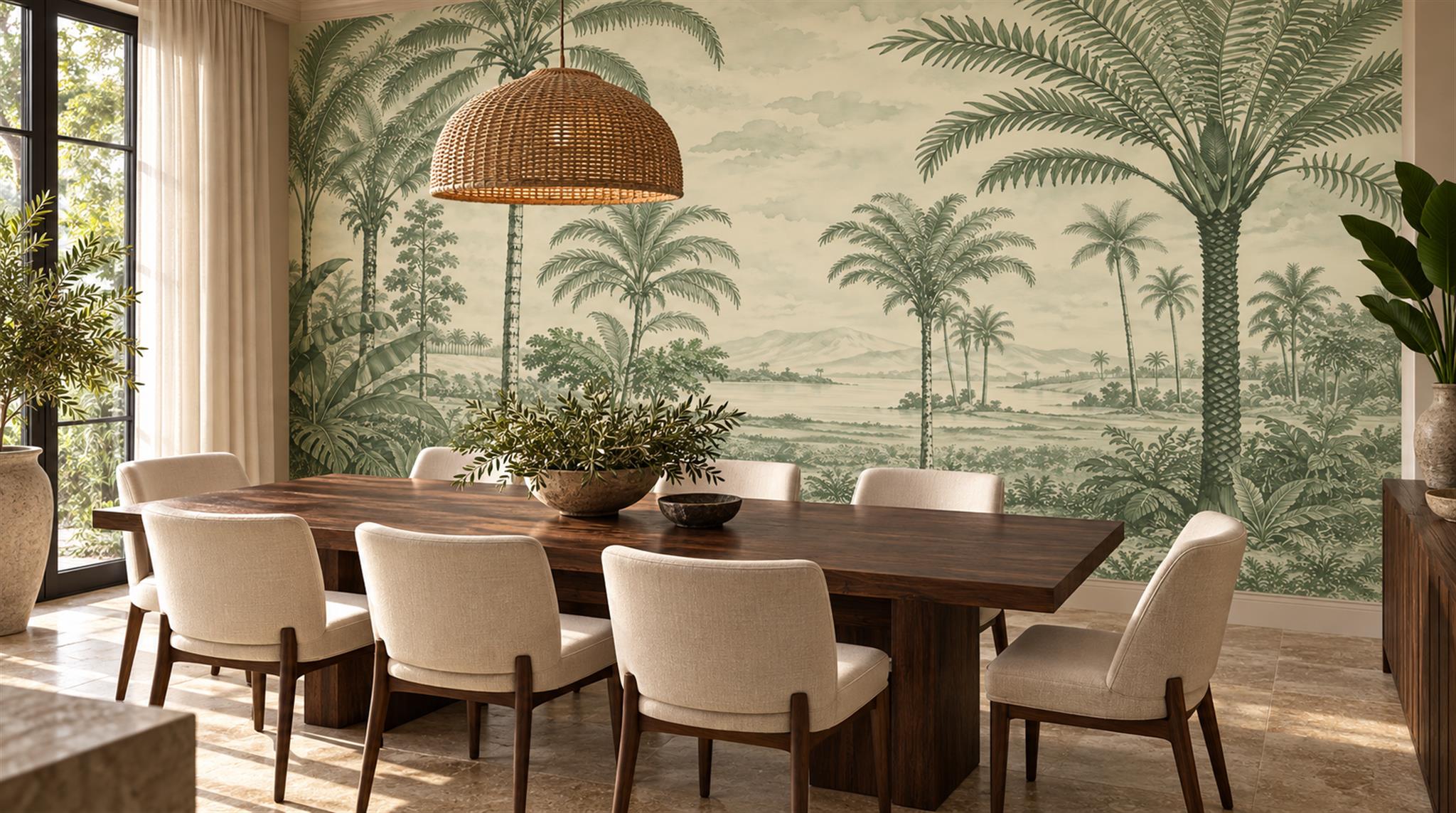 Sage Green Palm Leaves Wallpaper Mural Scene