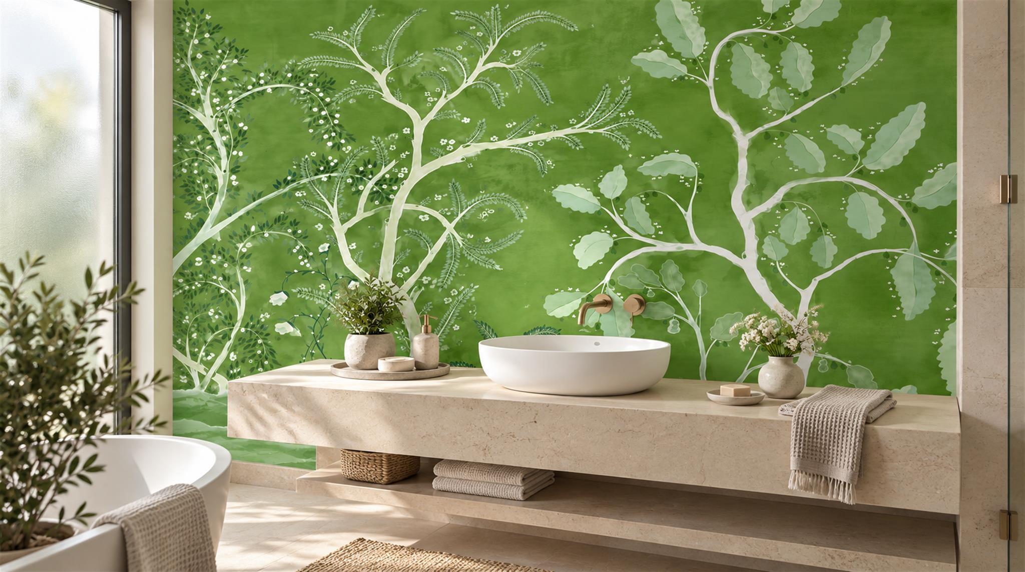 Green Leaf Patterning Wallpaper Mural Scene