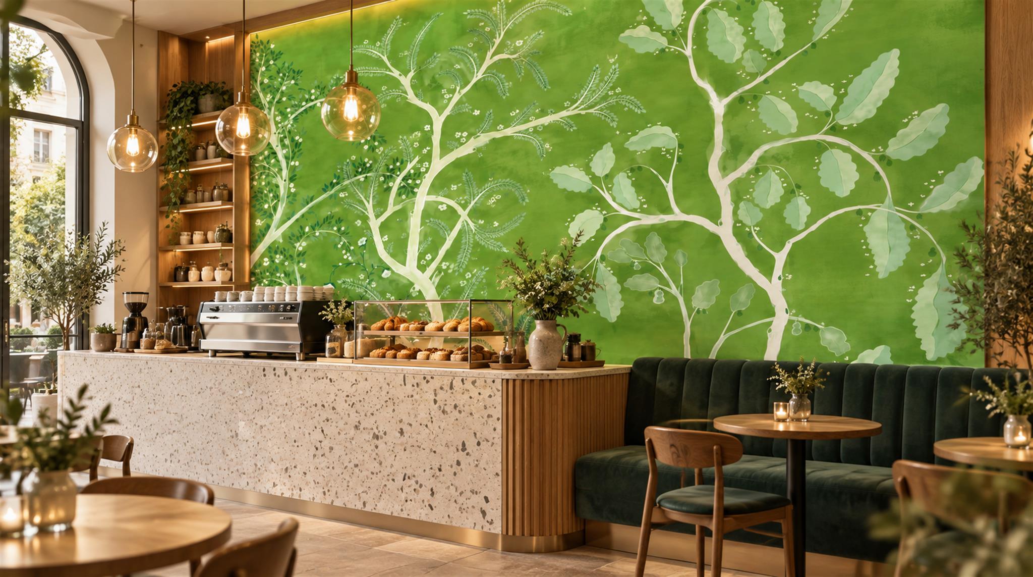 Green Leaf Patterning Wallpaper Mural Scene