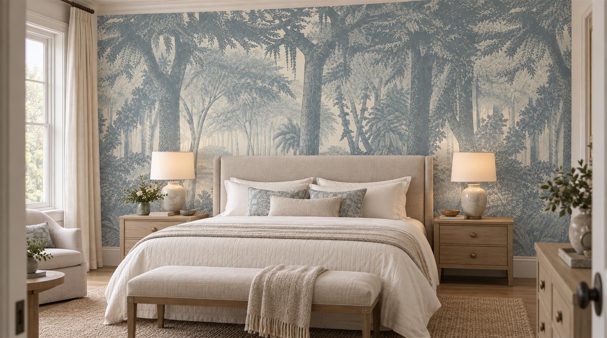 Blue Woodland Trees Wallpaper Mural Scene