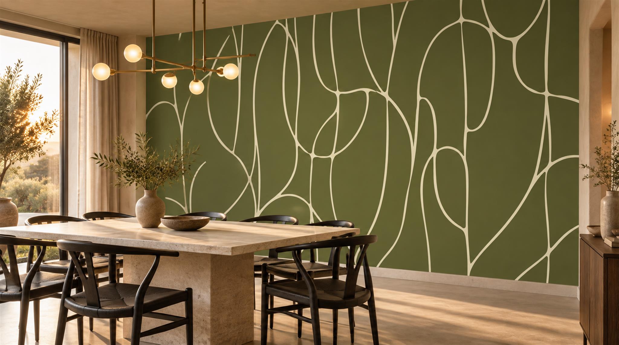Olive Linear Geometry Wallpaper Mural Scene