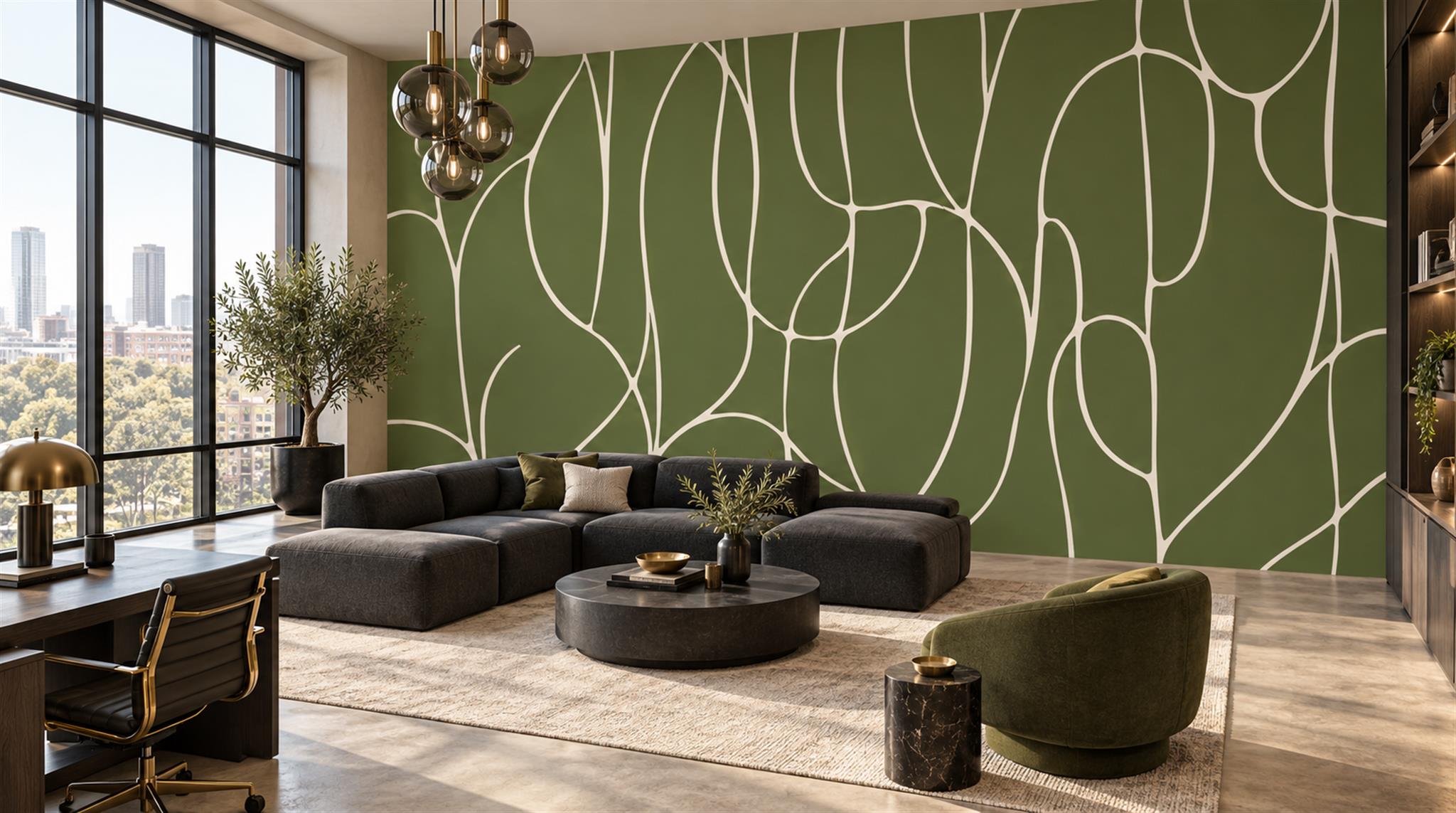 Olive Linear Geometry Wallpaper Mural Scene