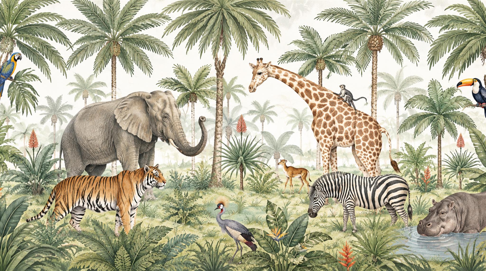 Sage Green Safari Animals Wallpaper Mural Main