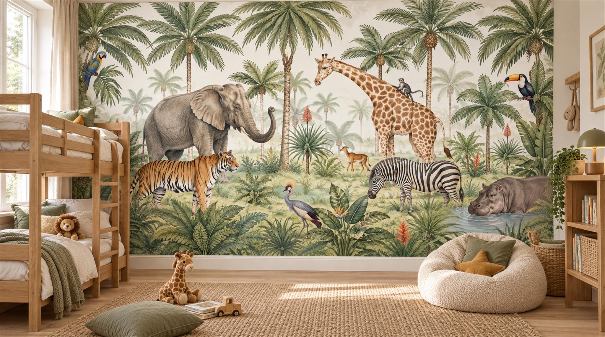 Sage Green Safari Animals Wallpaper Mural Main