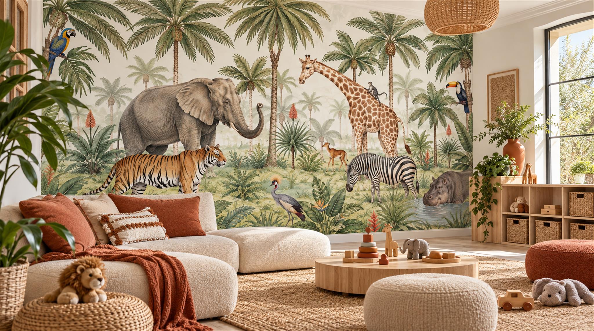 Sage Green Safari Animals Wallpaper Mural Scene