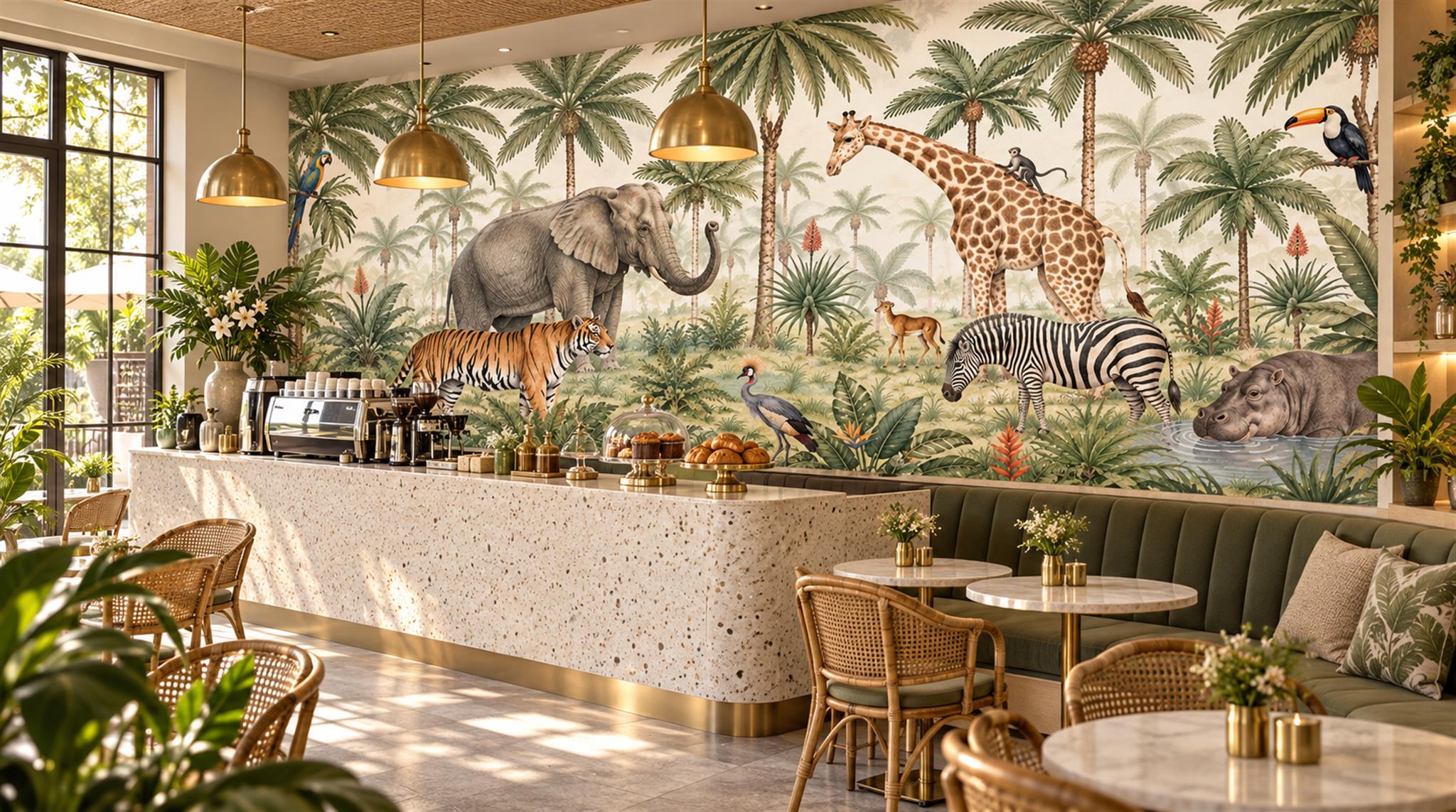 Sage Green Safari Animals Wallpaper Mural Scene