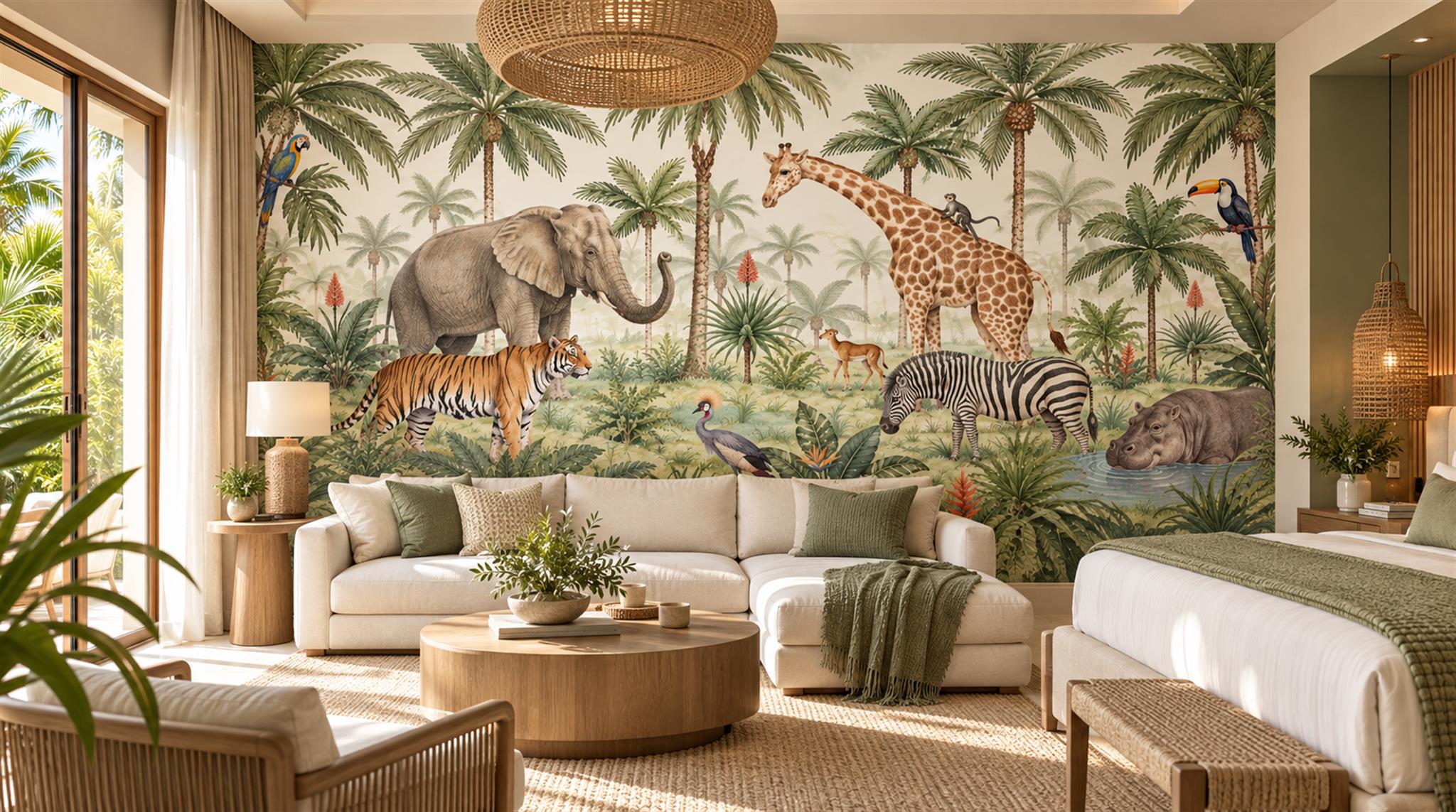 Sage Green Safari Animals Wallpaper Mural Scene