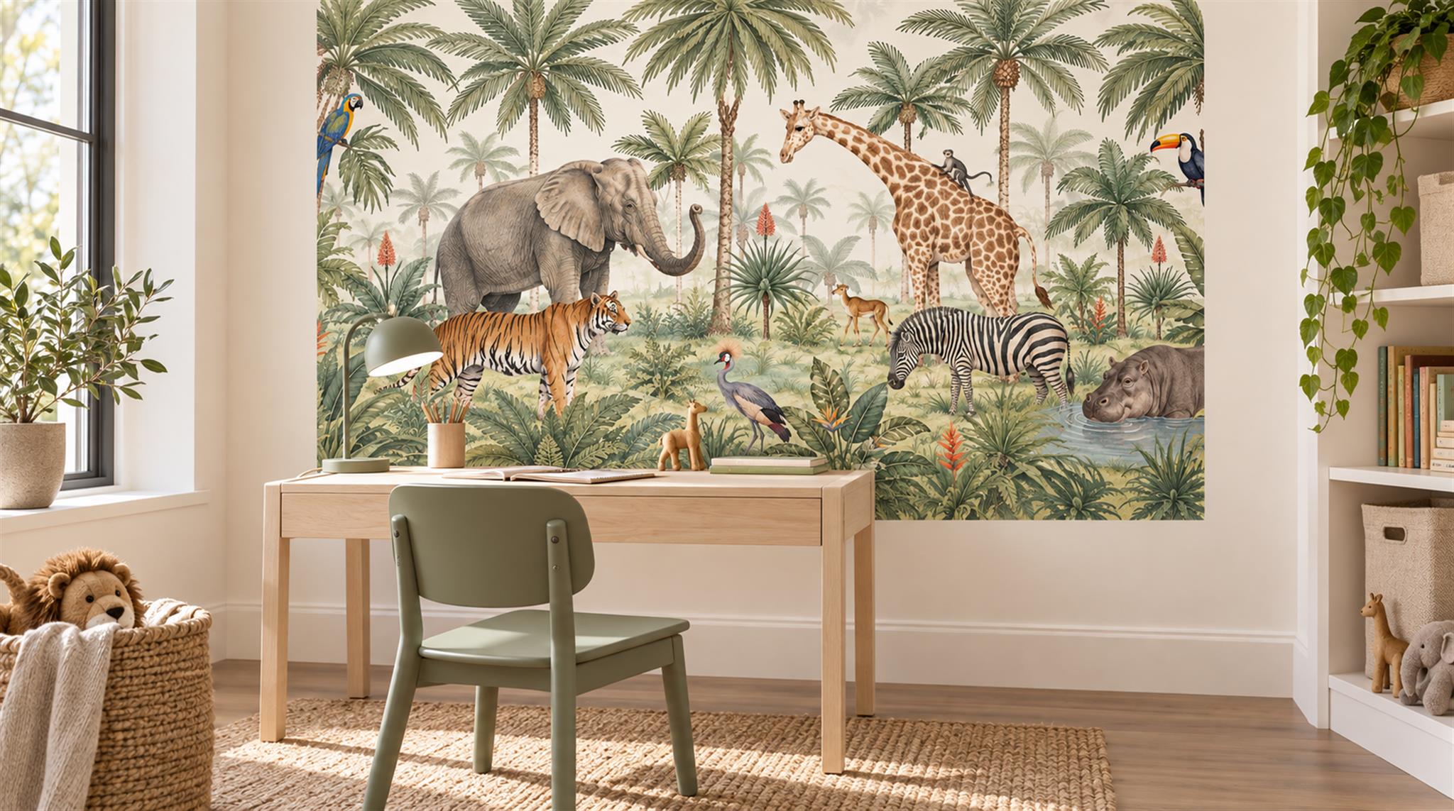 Sage Green Safari Animals Wallpaper Mural Scene