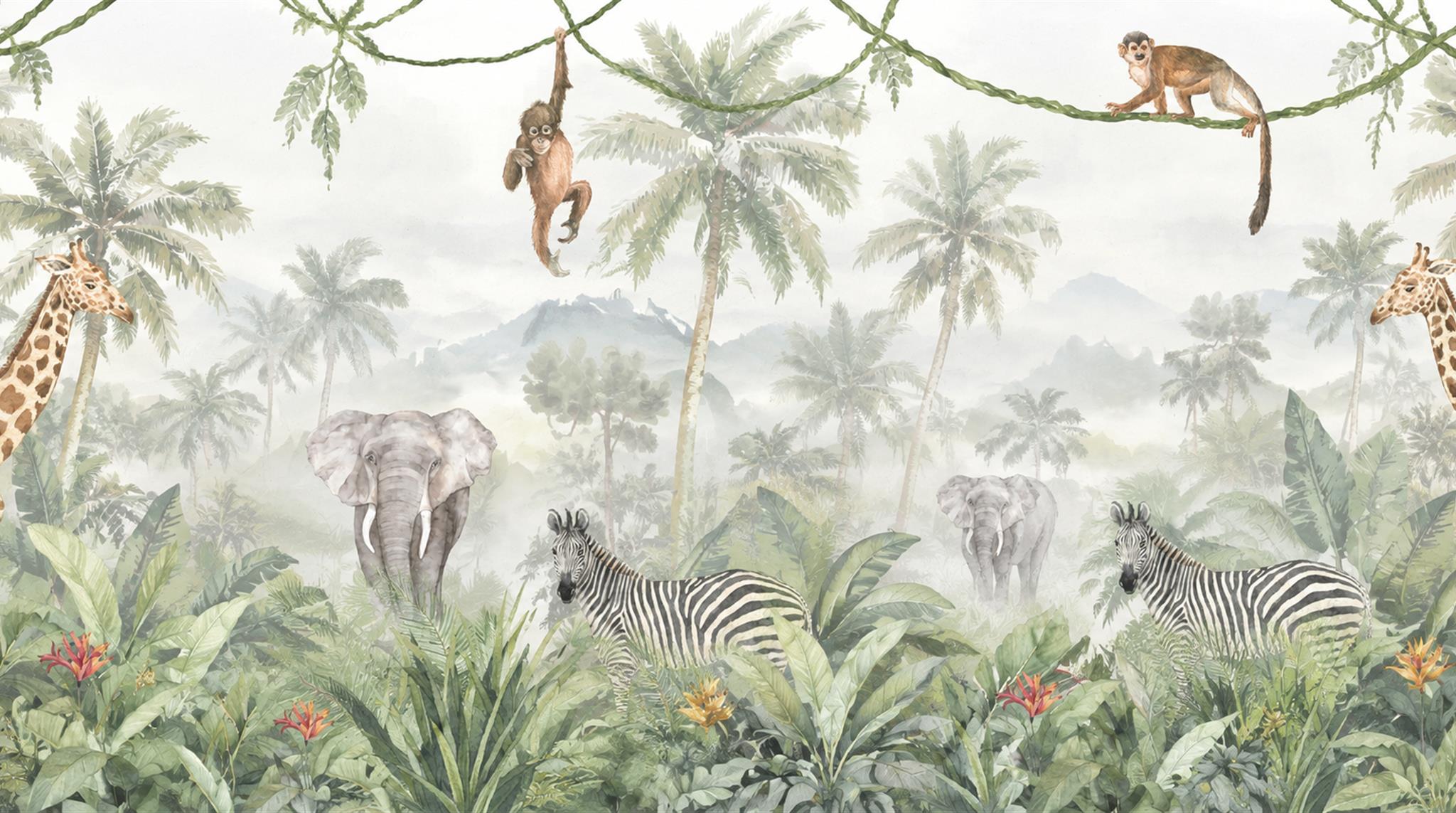 Grey Safari Animals Wallpaper Mural Main