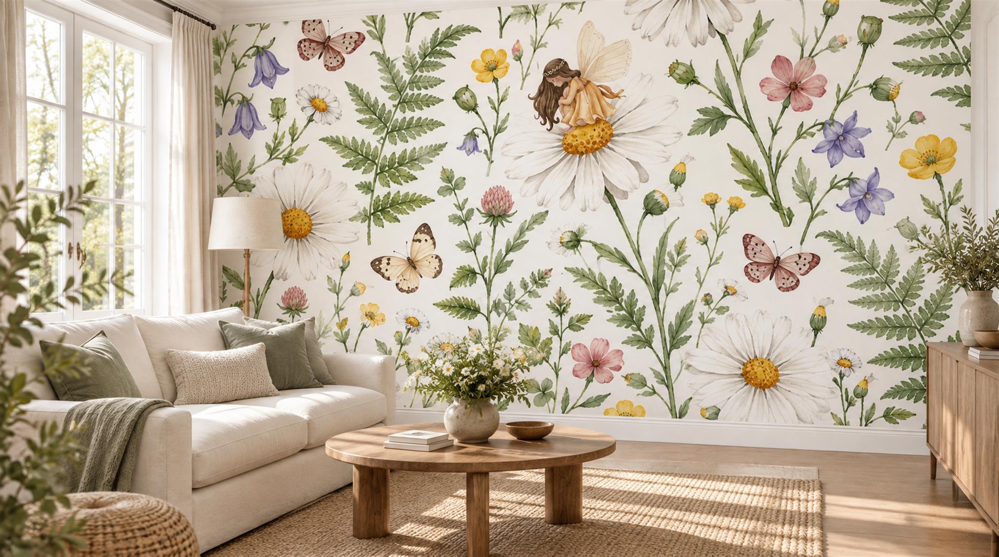 Ivory Floral Patterning Wallpaper Mural Scene