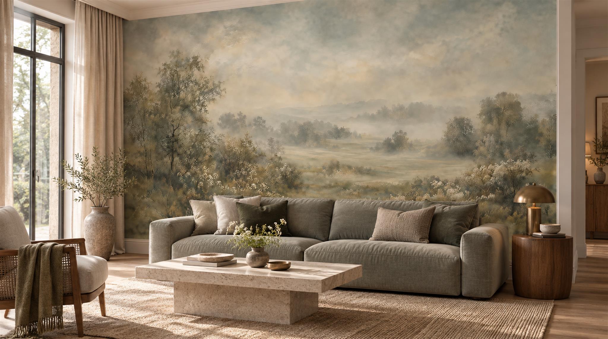 Sage Green Decorative Wall Art Wallpaper Mural wallpaper mural in a living room