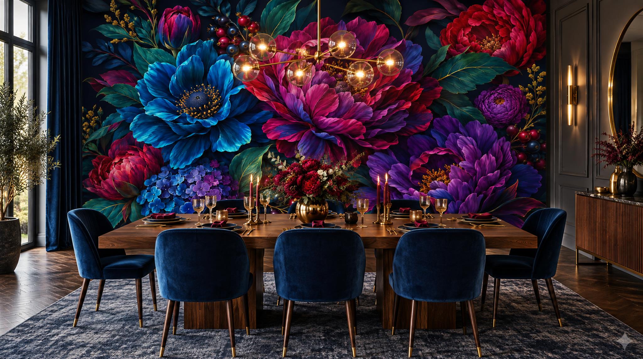 Navy Floral Foliage Wallpaper Mural Main
