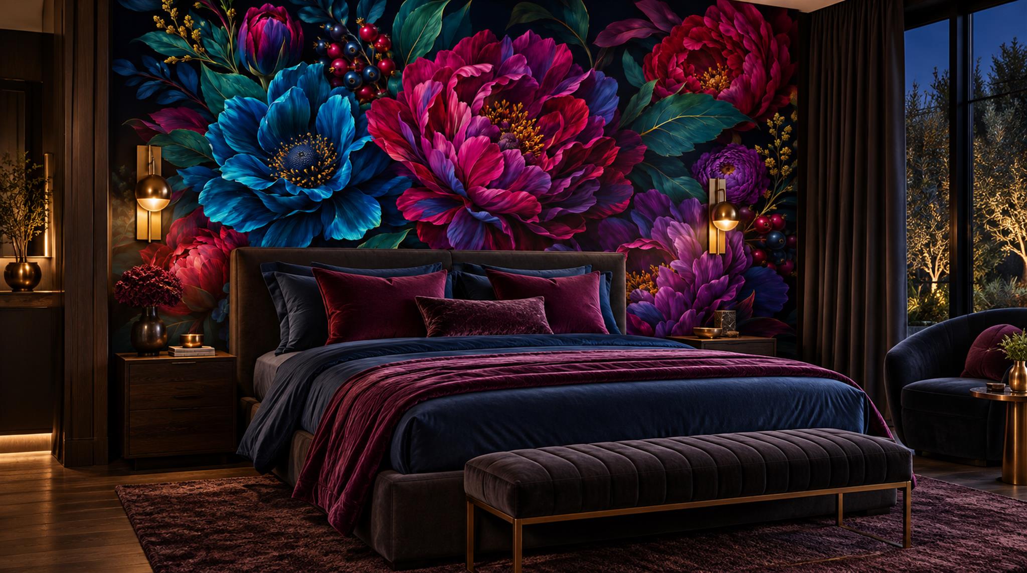 Navy Floral Foliage Wallpaper Mural Scene