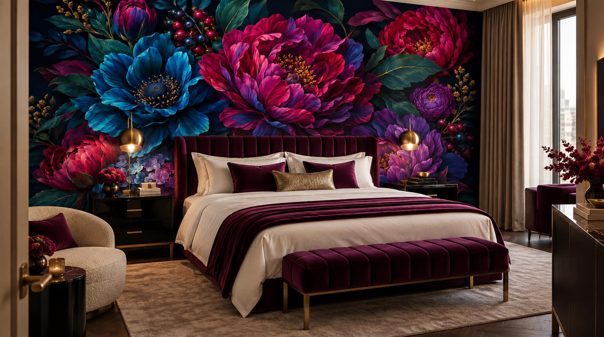 Navy Floral Foliage Wallpaper Mural Scene