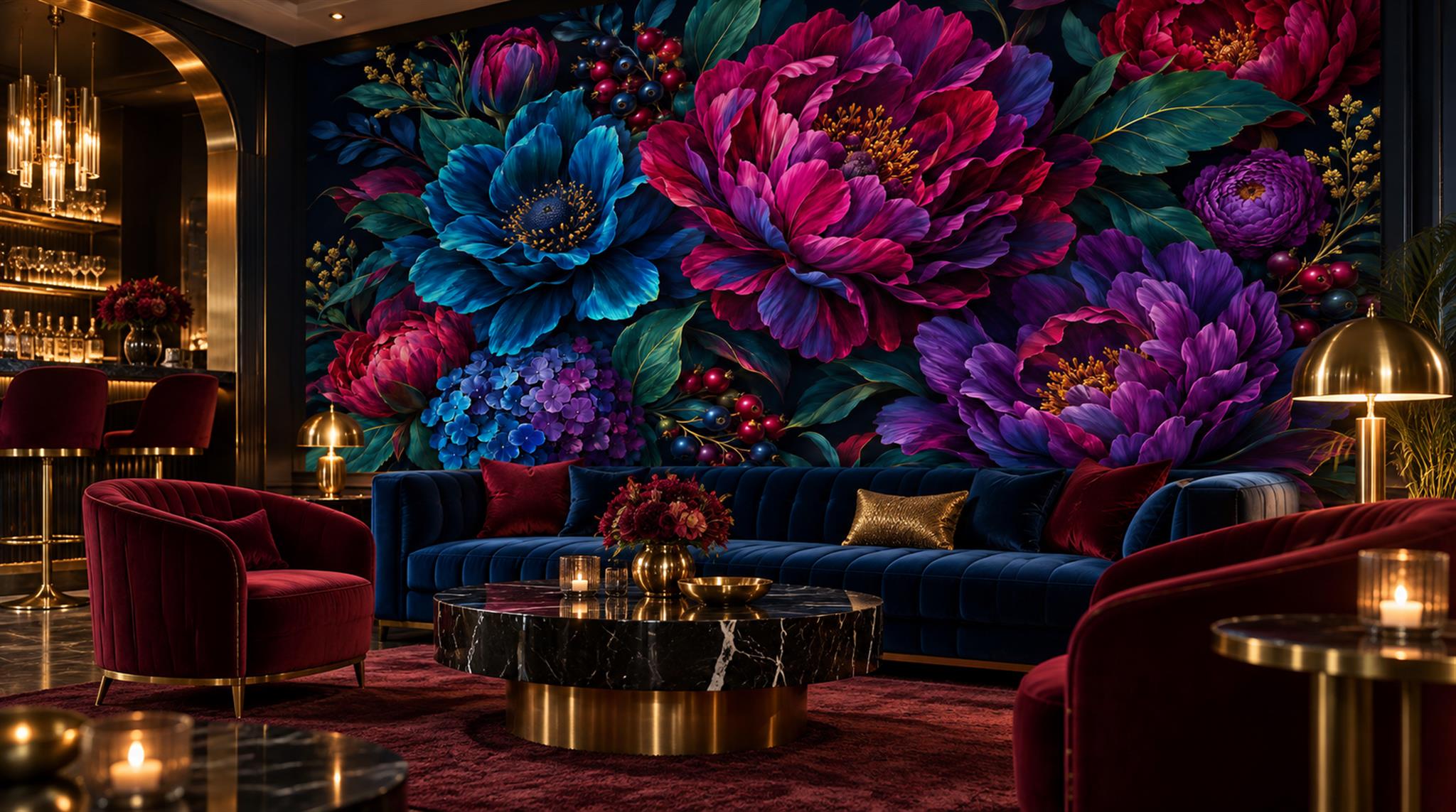Navy Floral Foliage Wallpaper Mural Scene