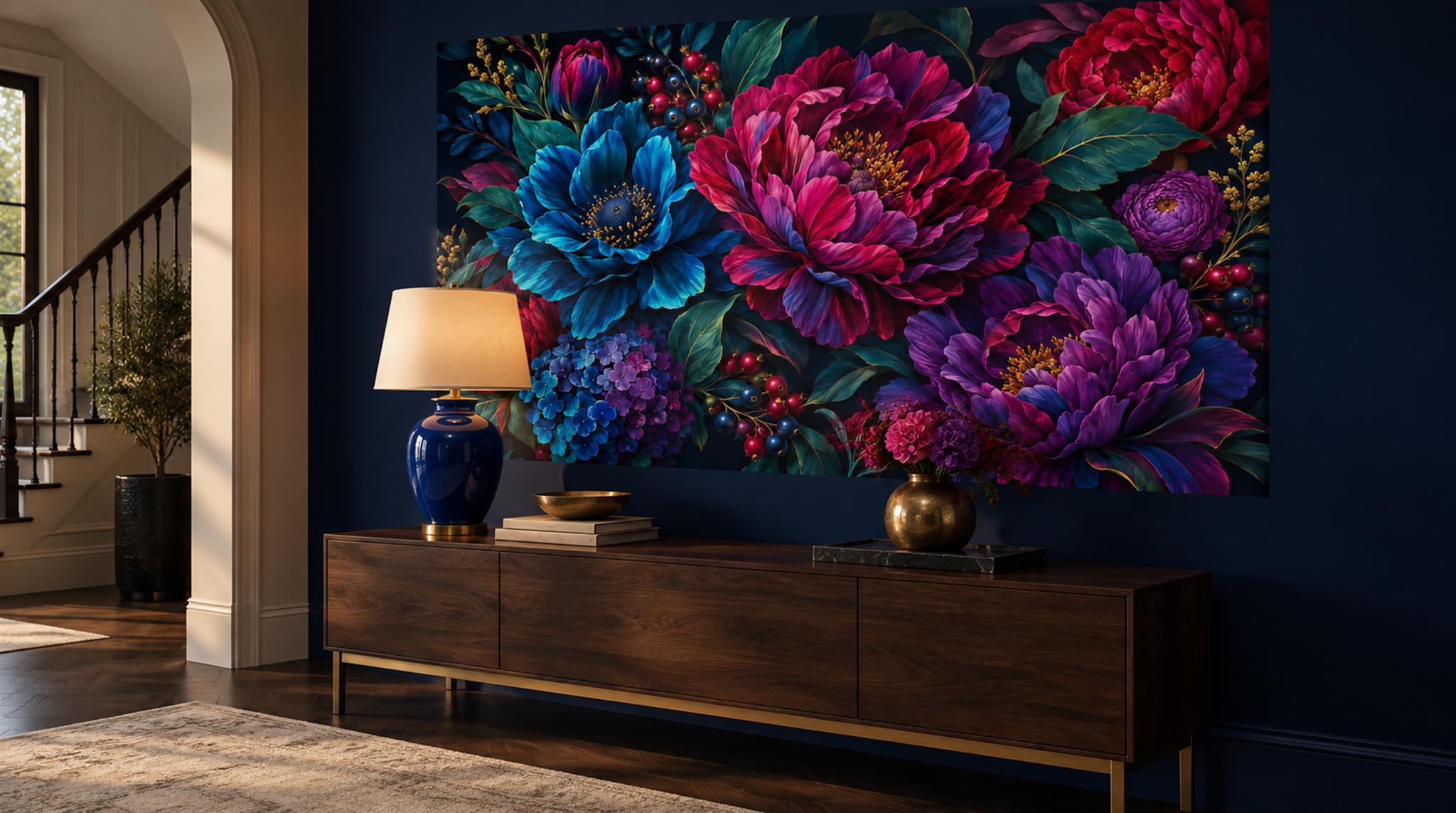 Navy Floral Foliage Wallpaper Mural Scene