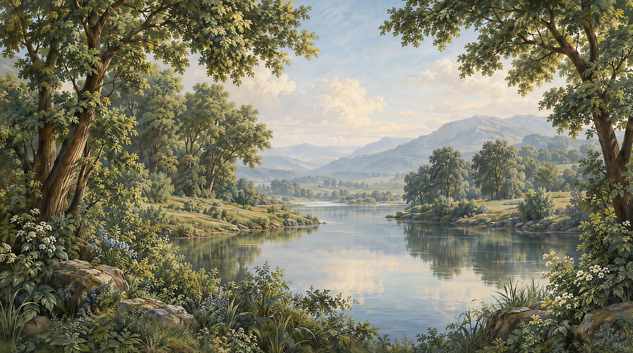 Green Lakeside Landscape Wallpaper Mural Main