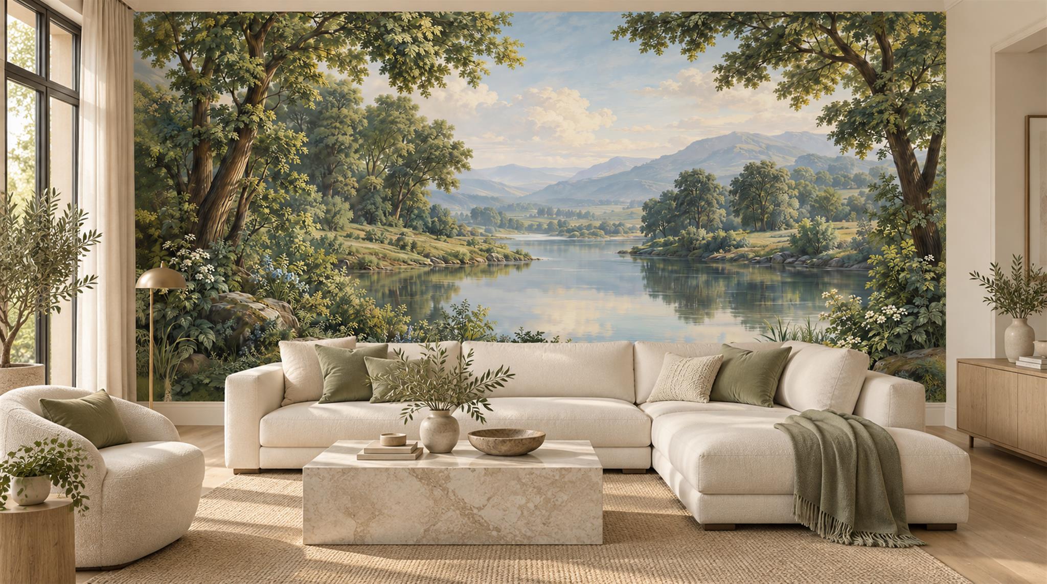 Green Lakeside Landscape Wallpaper Mural Main