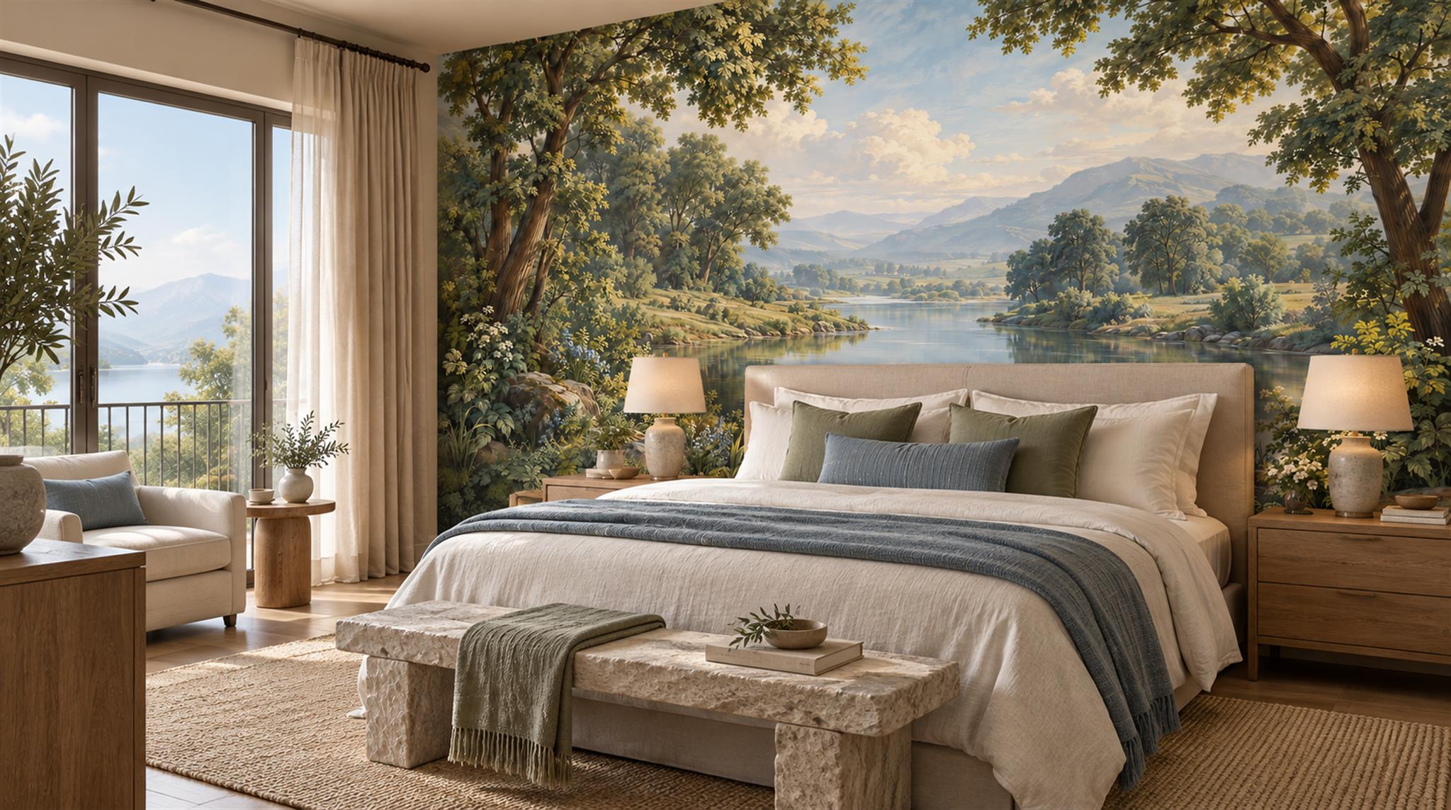 Green Lakeside Landscape Wallpaper Mural Scene
