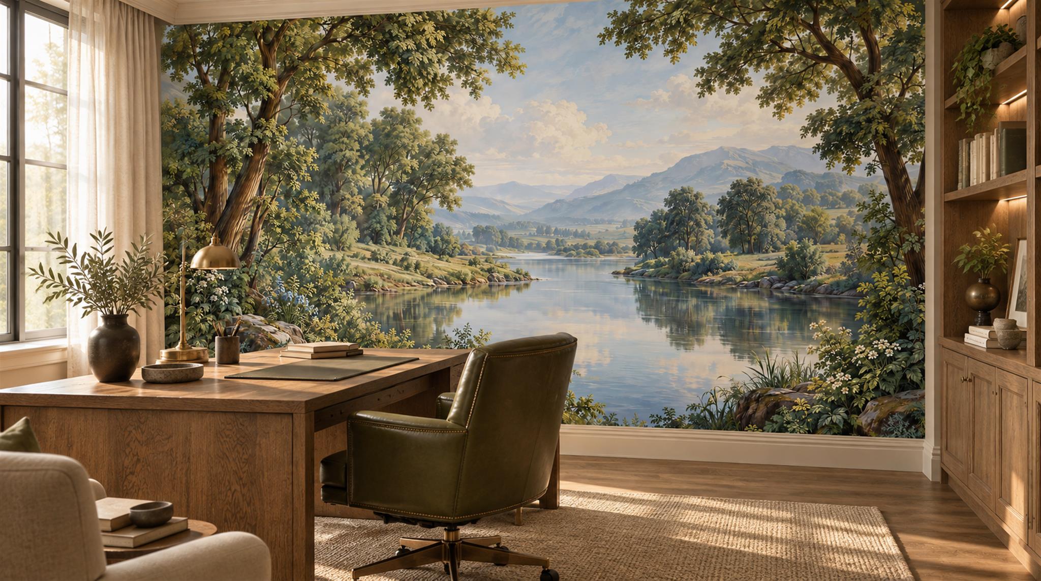 Green Lakeside Landscape Wallpaper Mural Scene