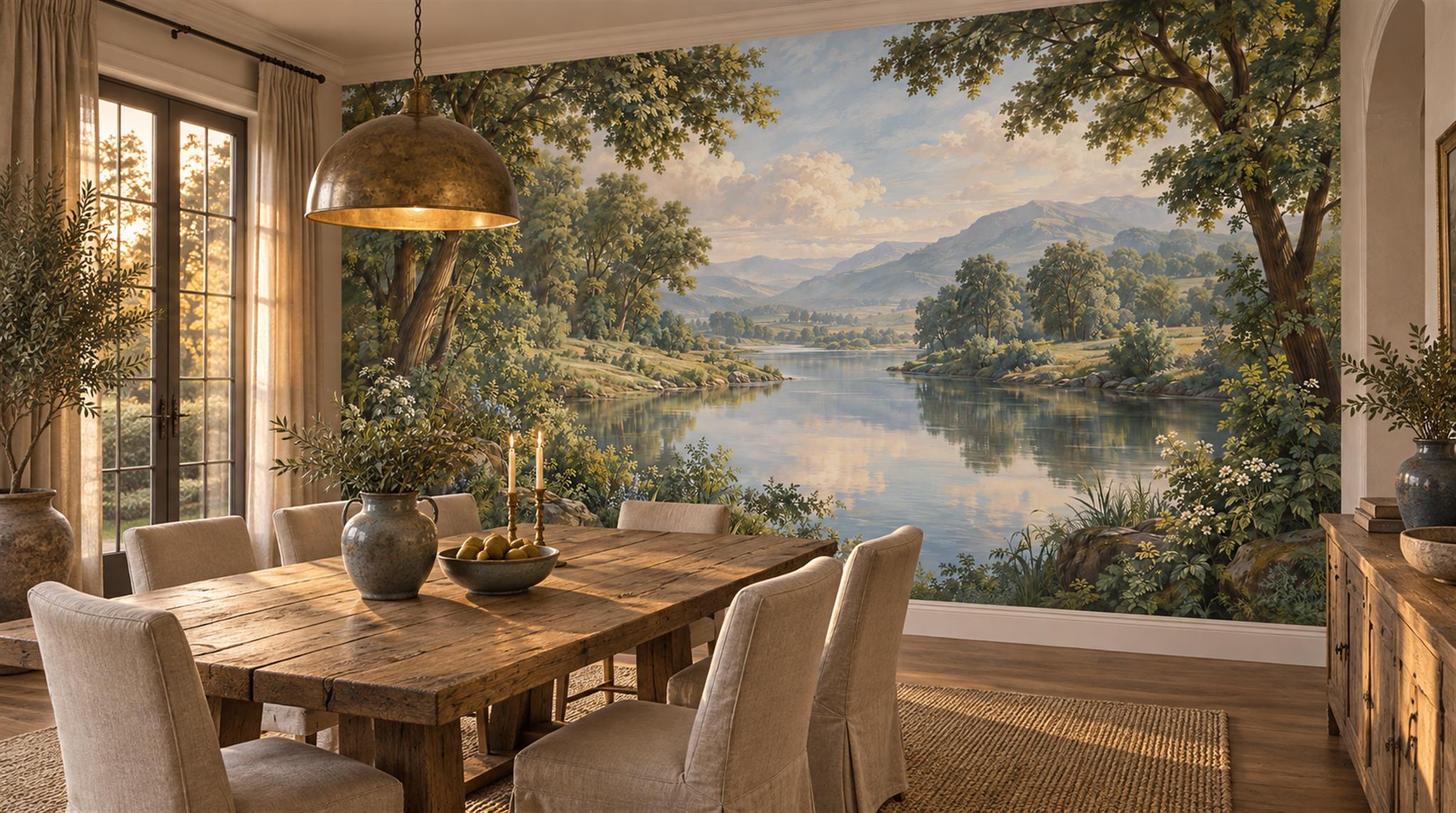 Green Lakeside Landscape Wallpaper Mural Scene