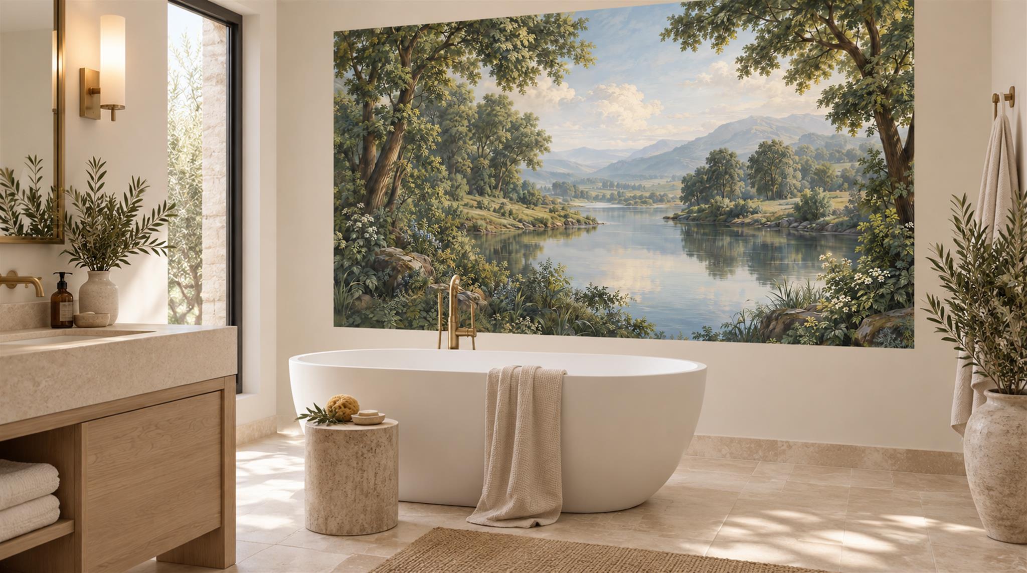 Green Lakeside Landscape Wallpaper Mural Scene
