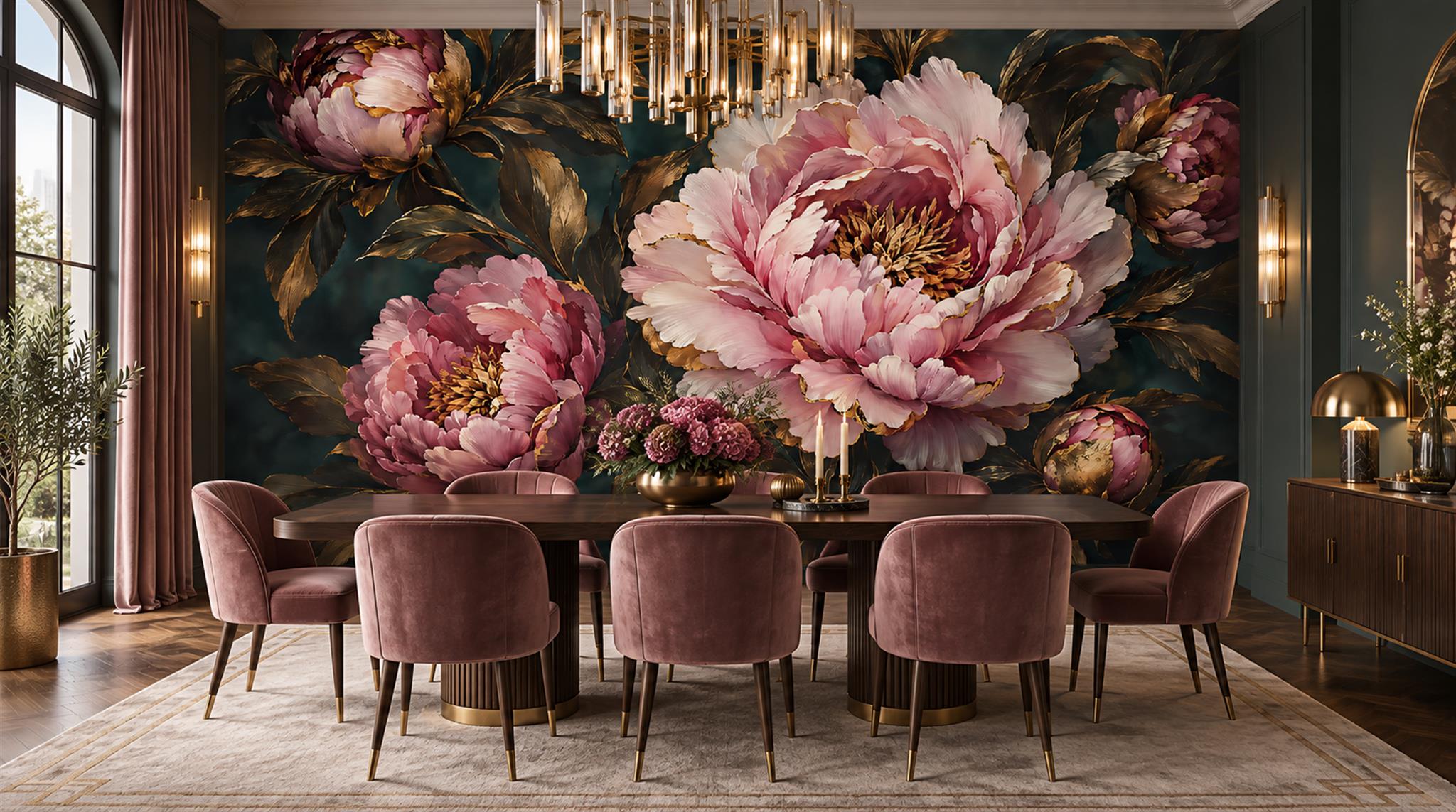 Navy Peony Flowers Wallpaper Mural Main
