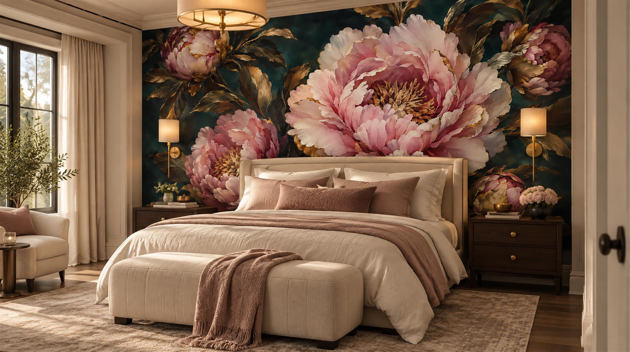Navy Peony Flowers Wallpaper Mural Scene