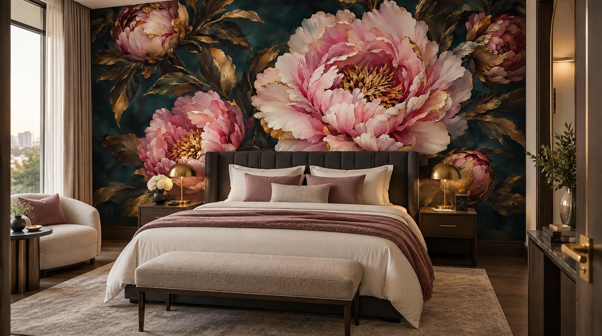Navy Peony Flowers Wallpaper Mural Scene