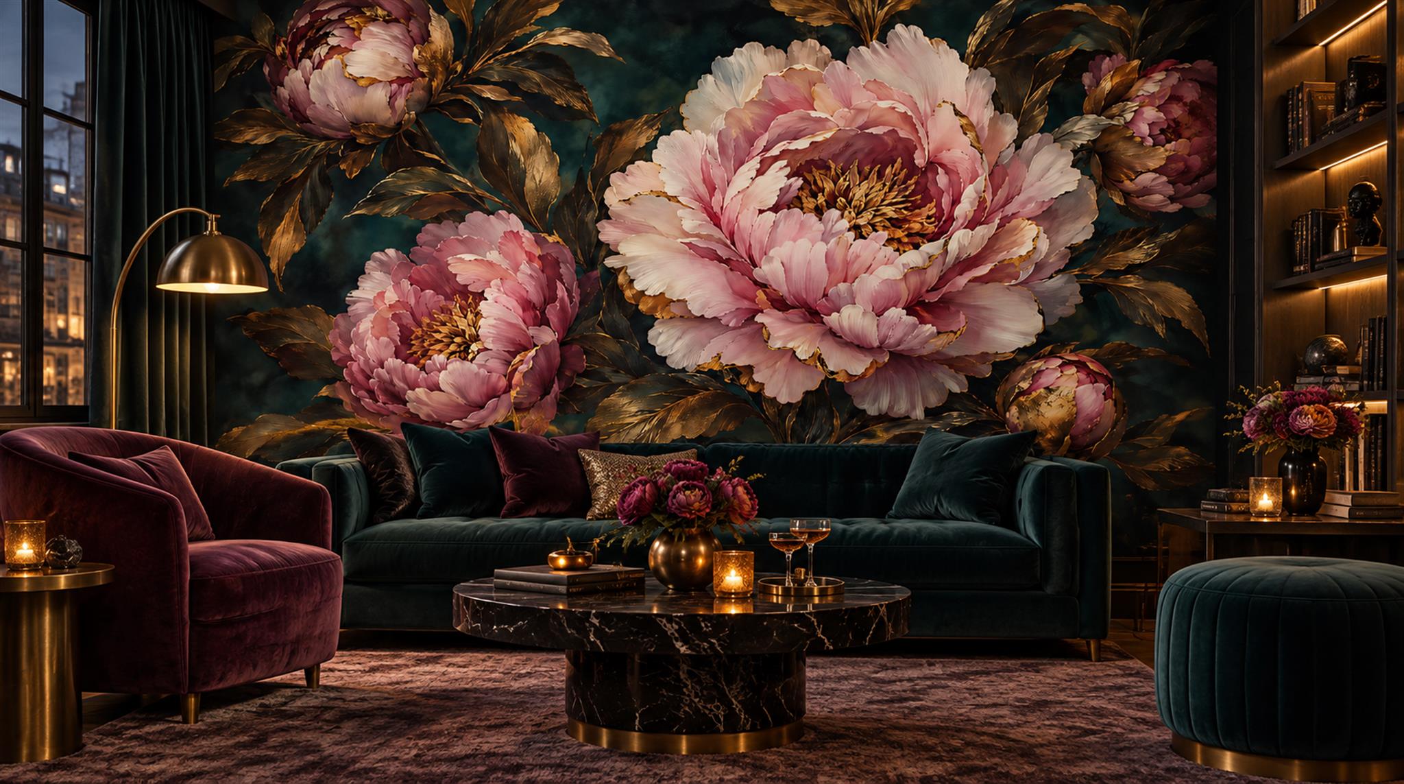 Navy Peony Flowers Wallpaper Mural Scene