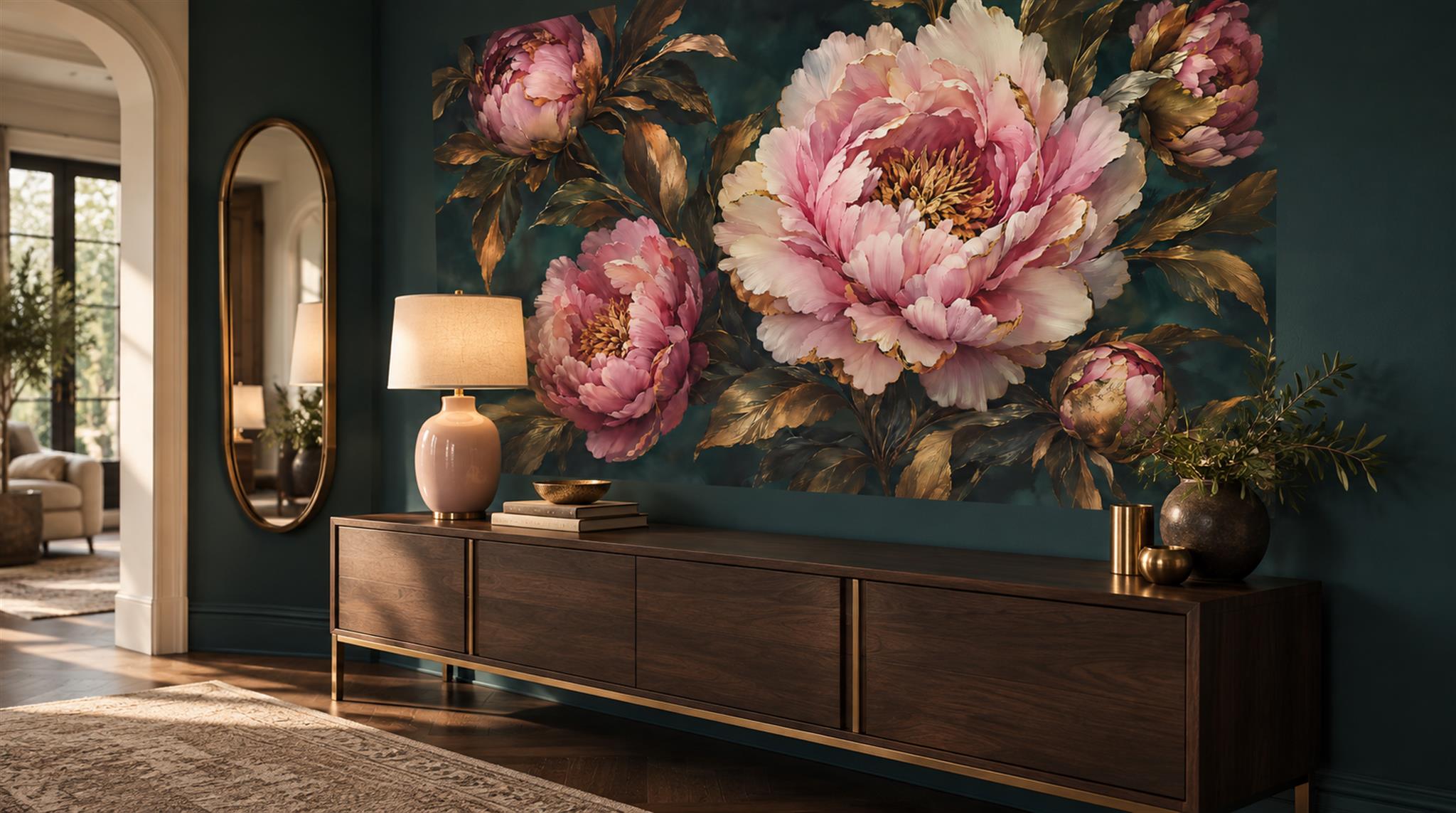 Navy Peony Flowers Wallpaper Mural Scene