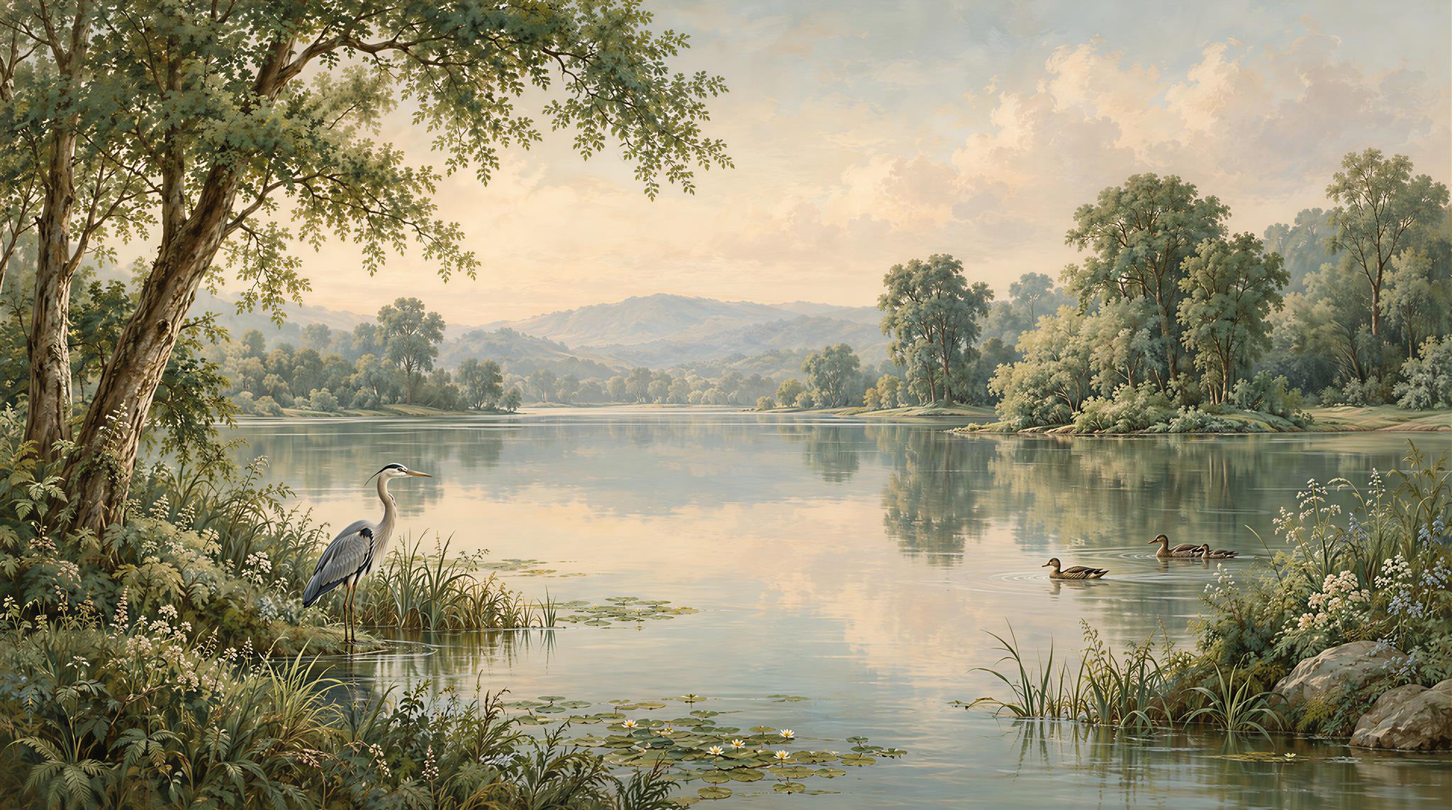 Sage Green Lakeside Landscape Wallpaper Mural Main