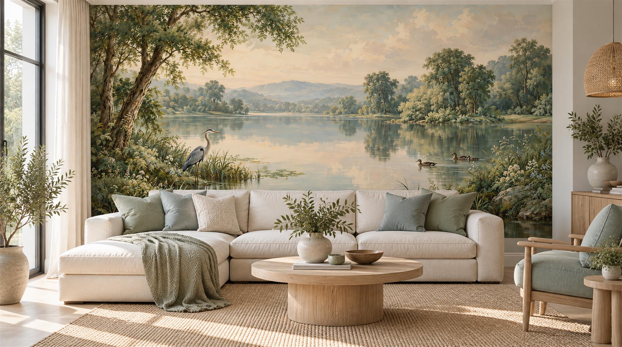 Sage Green Lakeside Landscape Wallpaper Mural Main