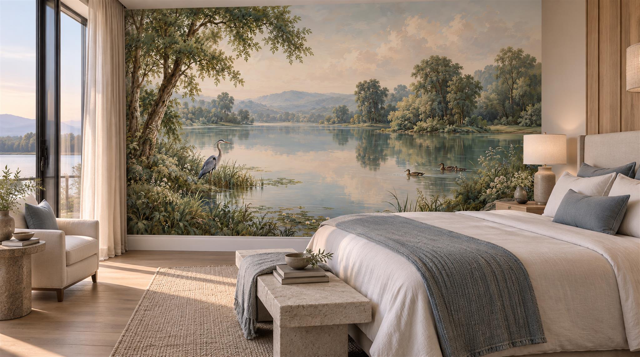 Sage Green Lakeside Landscape Wallpaper Mural Scene