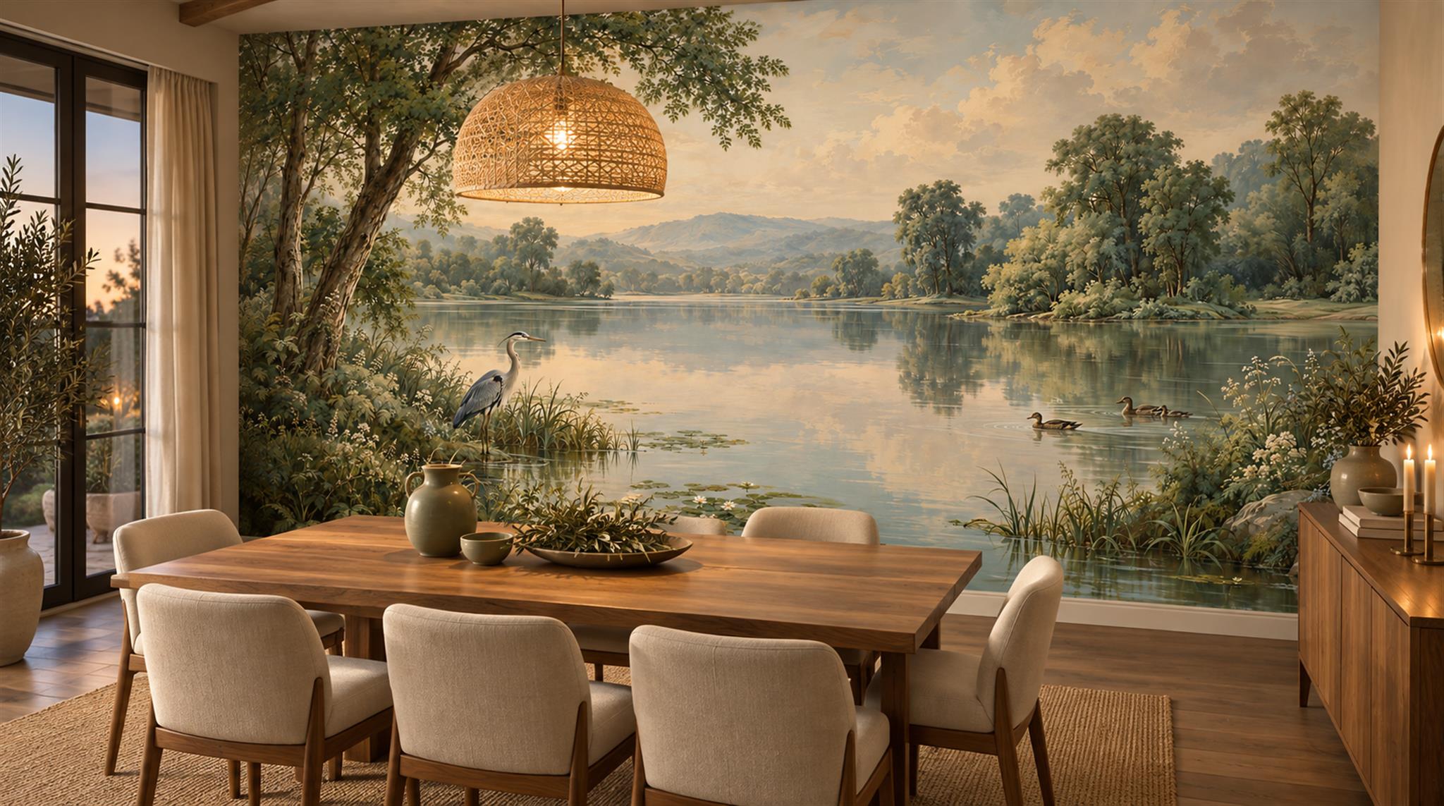 Sage Green Lakeside Landscape Wallpaper Mural Scene