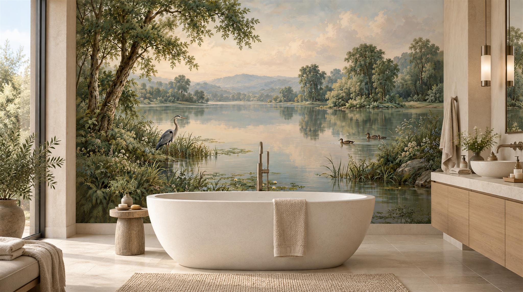 Sage Green Lakeside Landscape Wallpaper Mural Scene