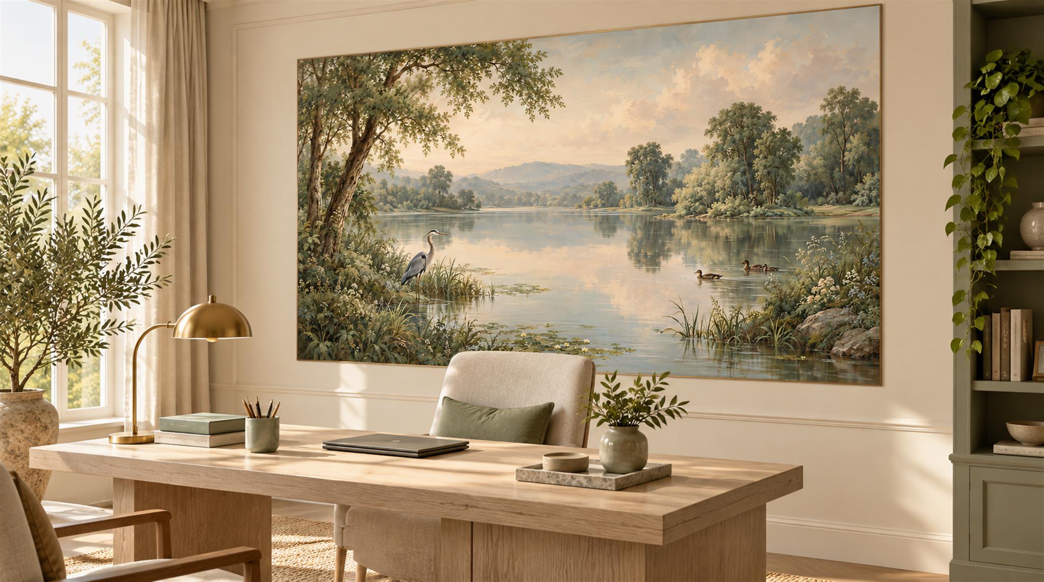 Sage Green Lakeside Landscape Wallpaper Mural Scene
