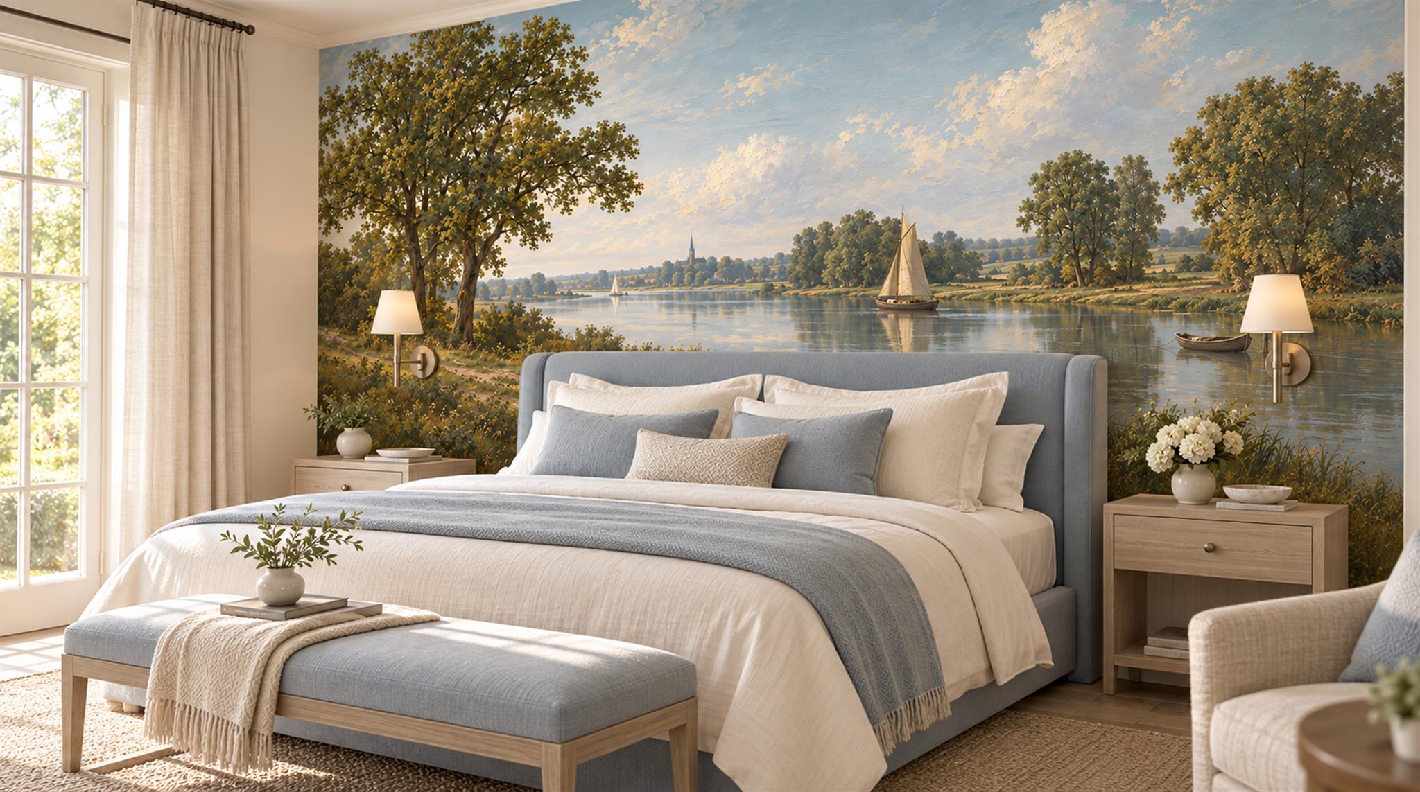 Blue Lakeside Landscape Wallpaper Mural Scene