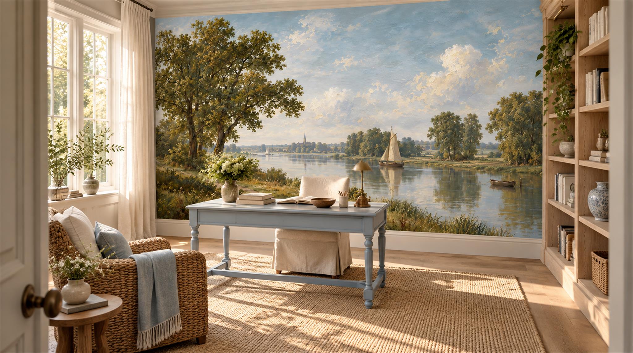 Blue Lakeside Landscape Wallpaper Mural Scene